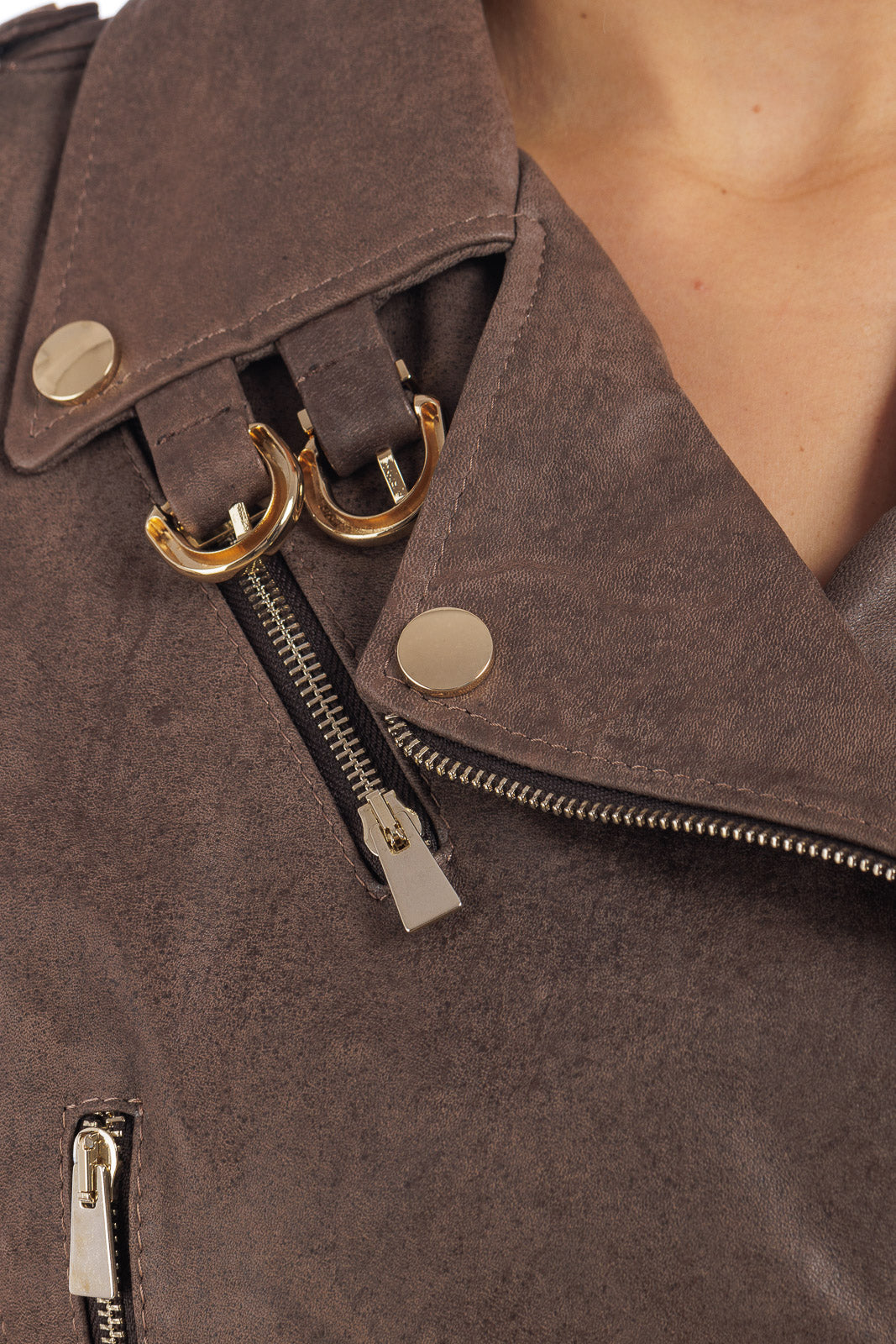 Giacca in pelle donna con zip chiodo 3000 punti a mano marrone