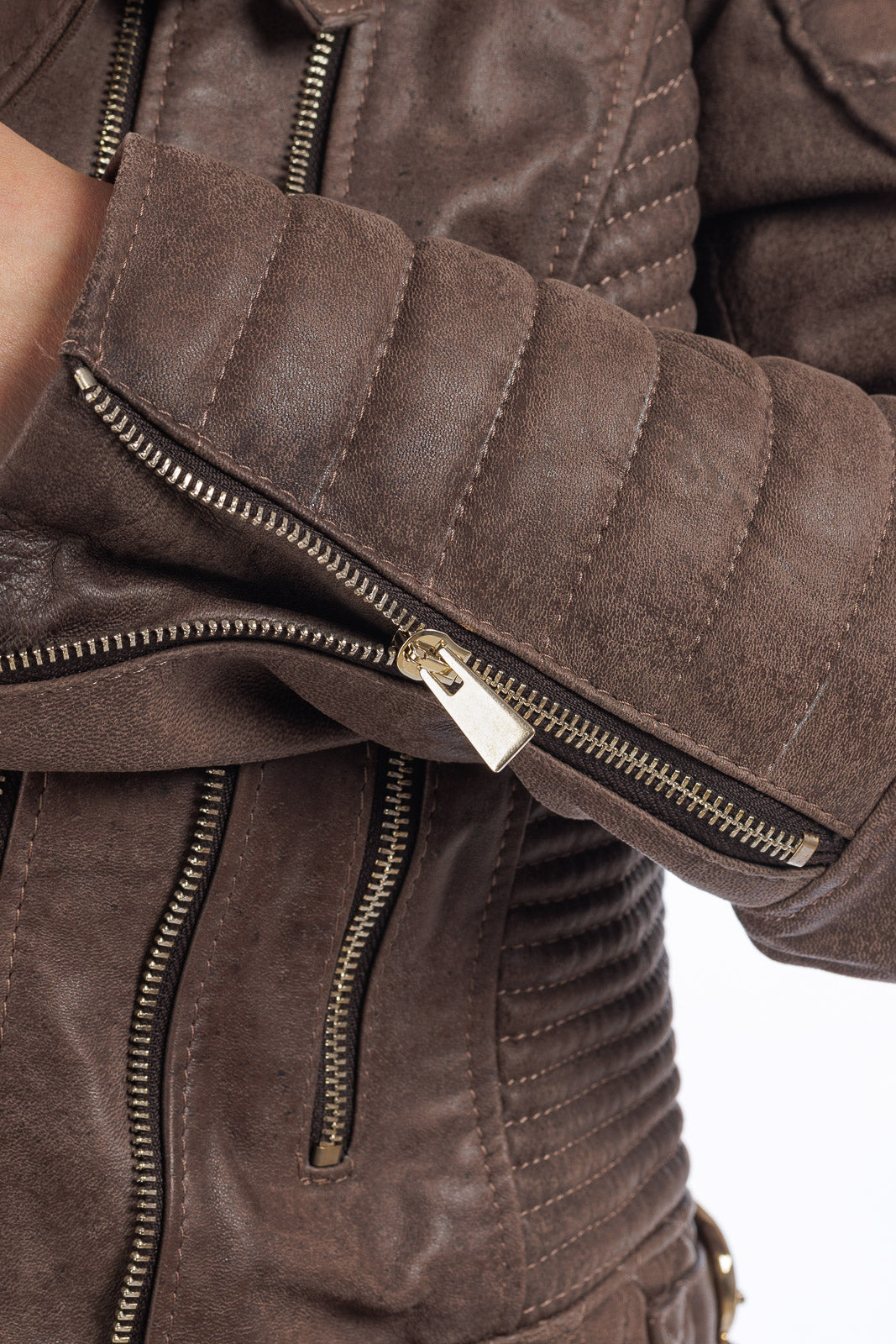 Giacca in pelle donna con zip chiodo 3000 punti a mano marrone