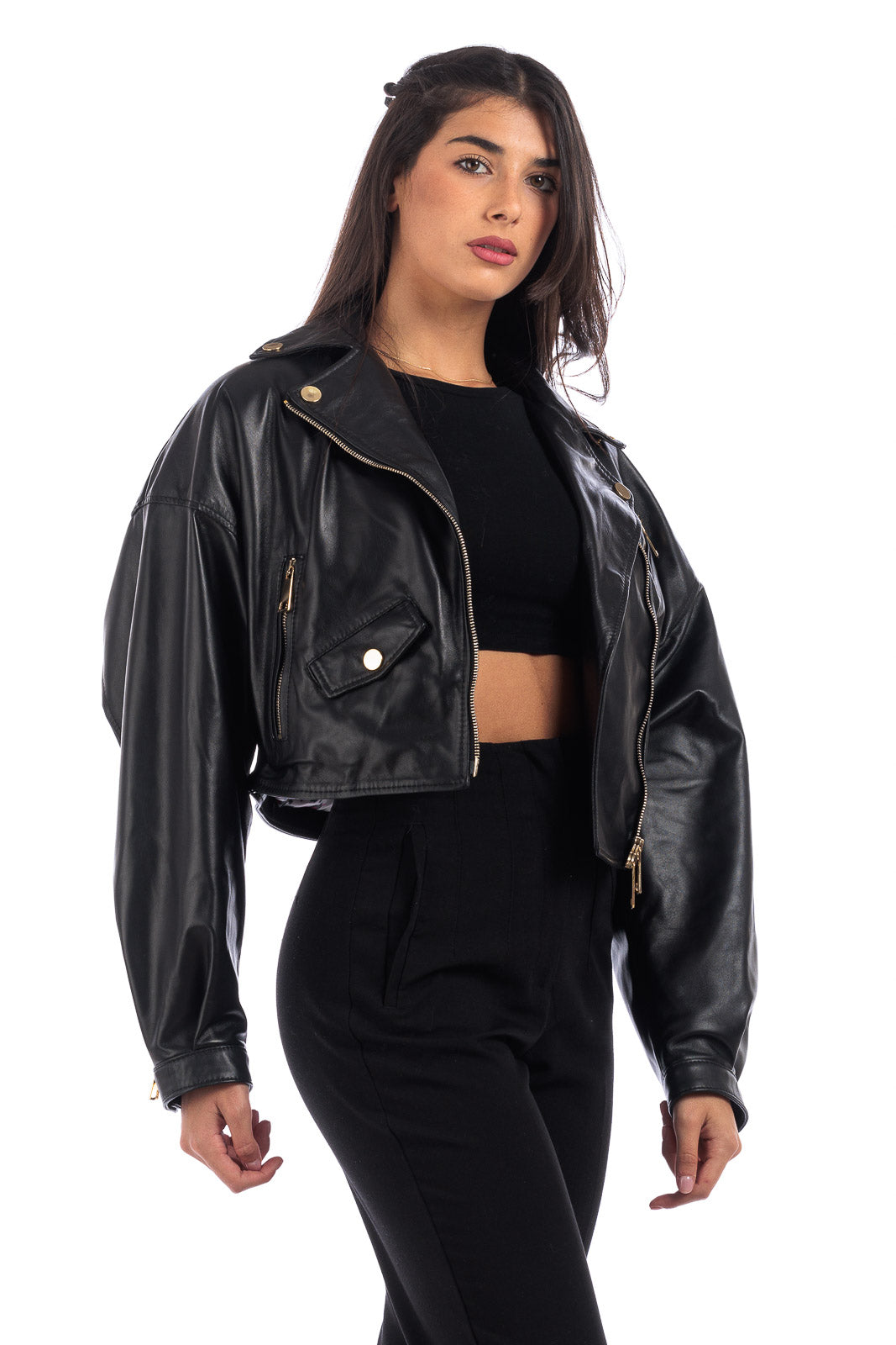 Giacca in pelle donna con zip Chiodo nero OVER