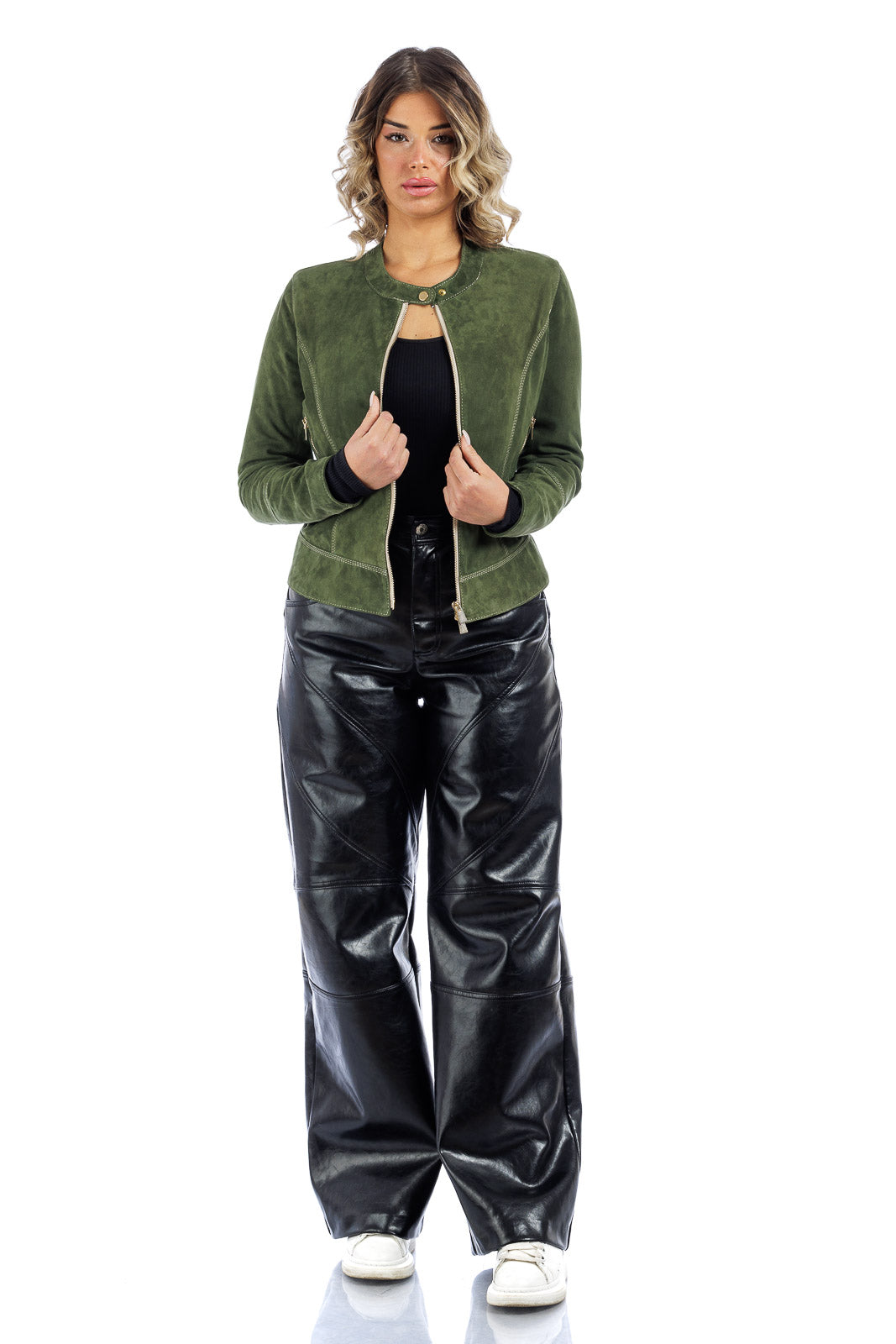 Giacca verde in camoscio di renna donna con zip PIT