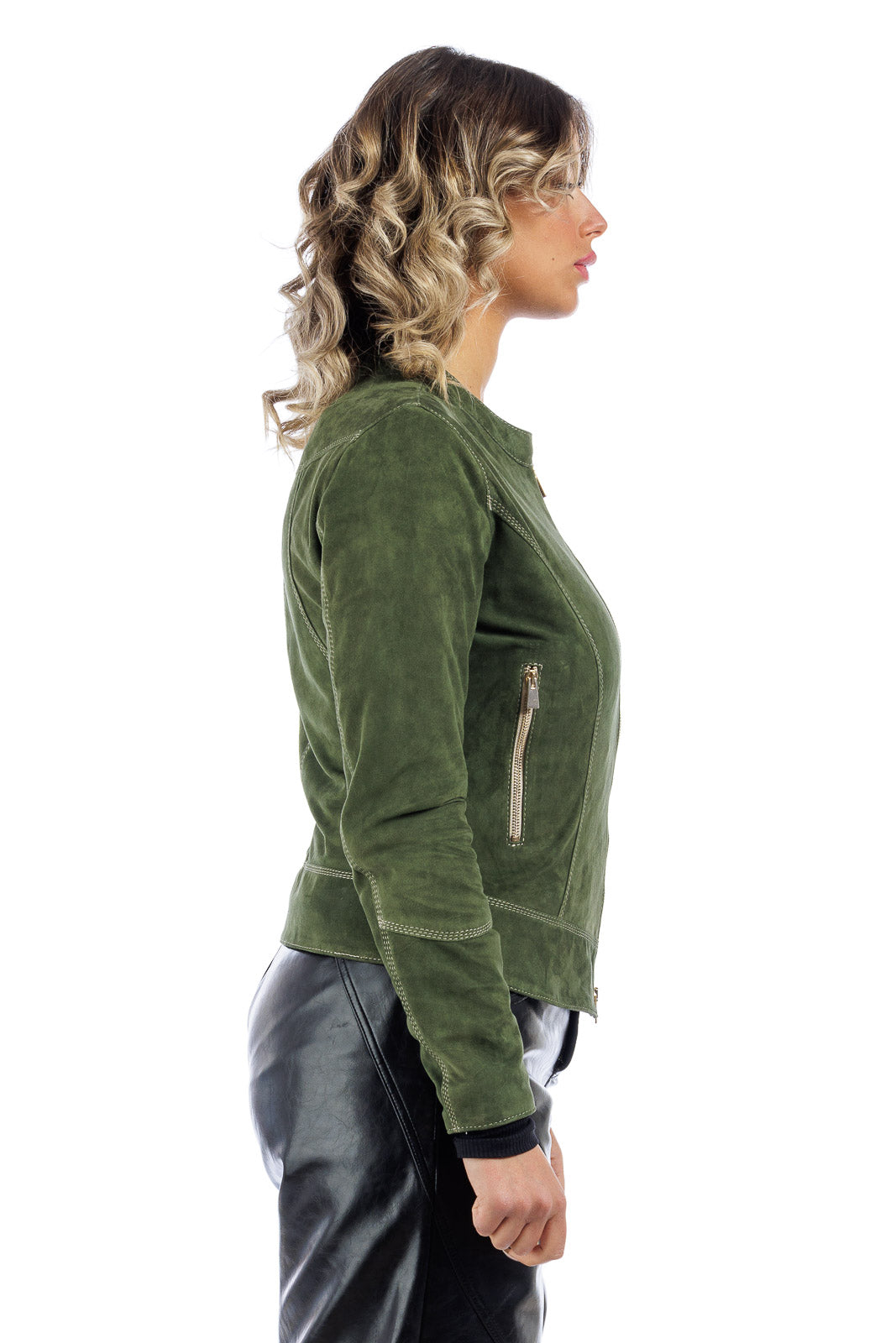 Giacca verde in camoscio di renna donna con zip PIT