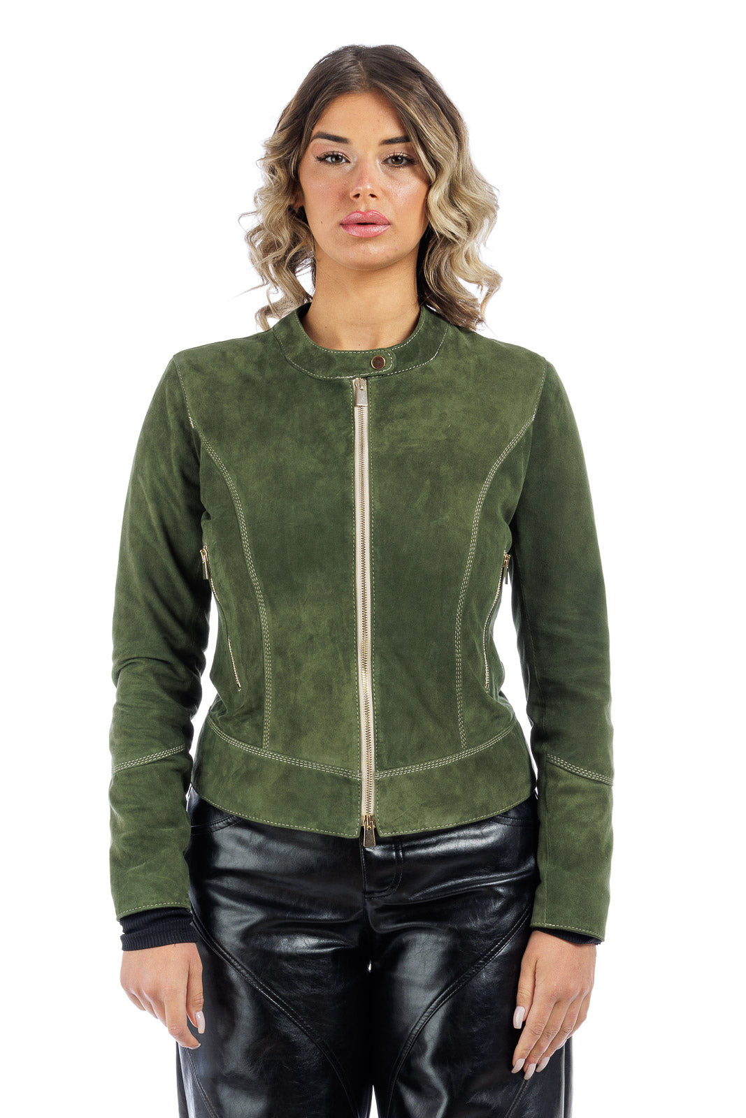 Giacca verde in camoscio di renna donna con zip PIT