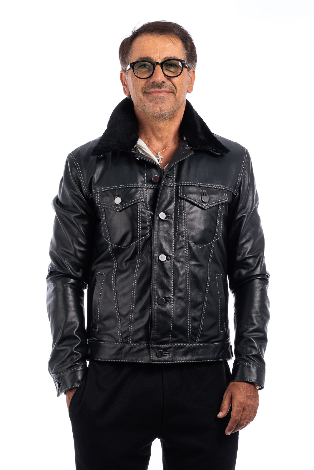 Giacca in pelle nera con collo e gilet staccabile pelo nero JEANS