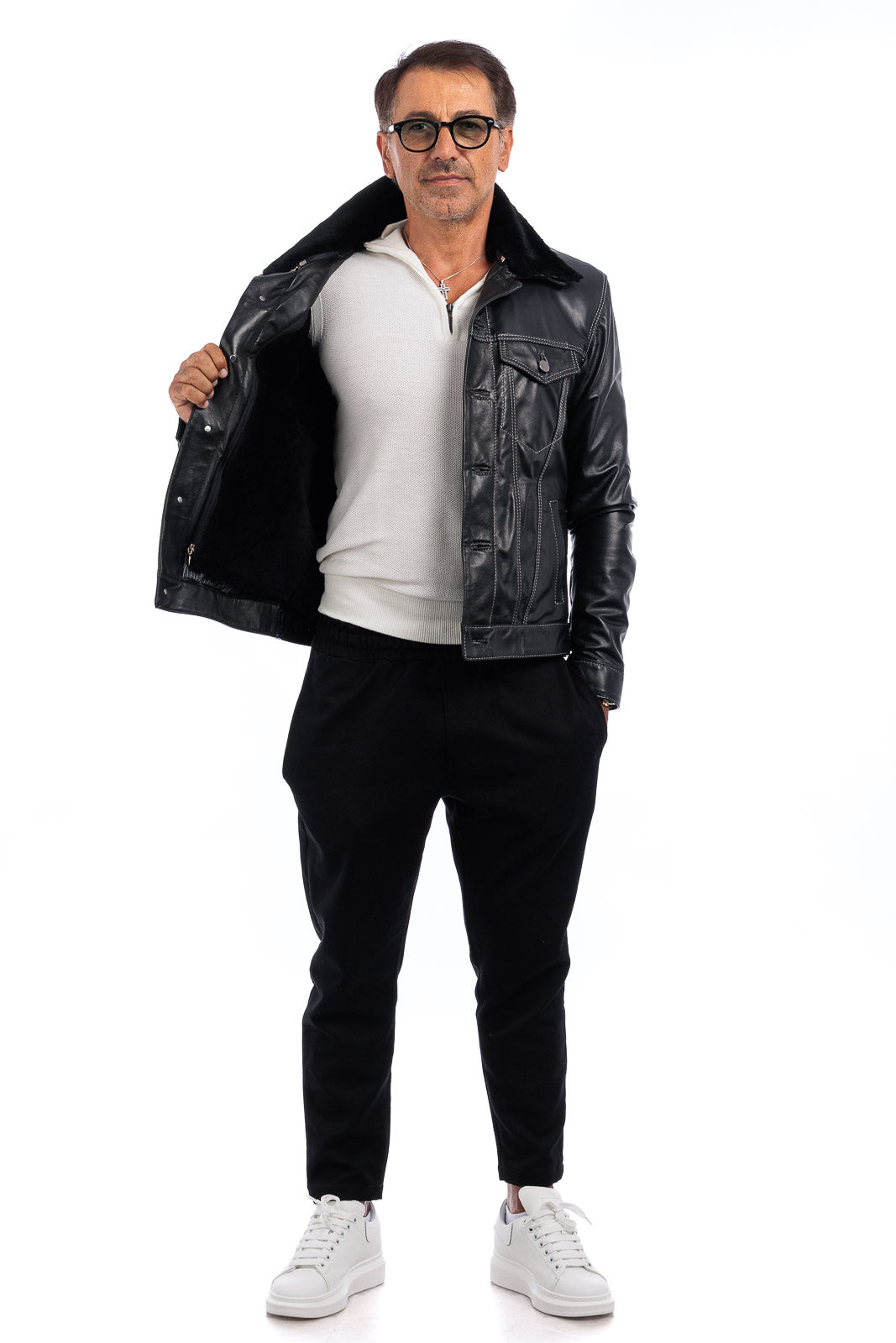 Giacca in pelle nera con collo e gilet staccabile pelo nero JEANS