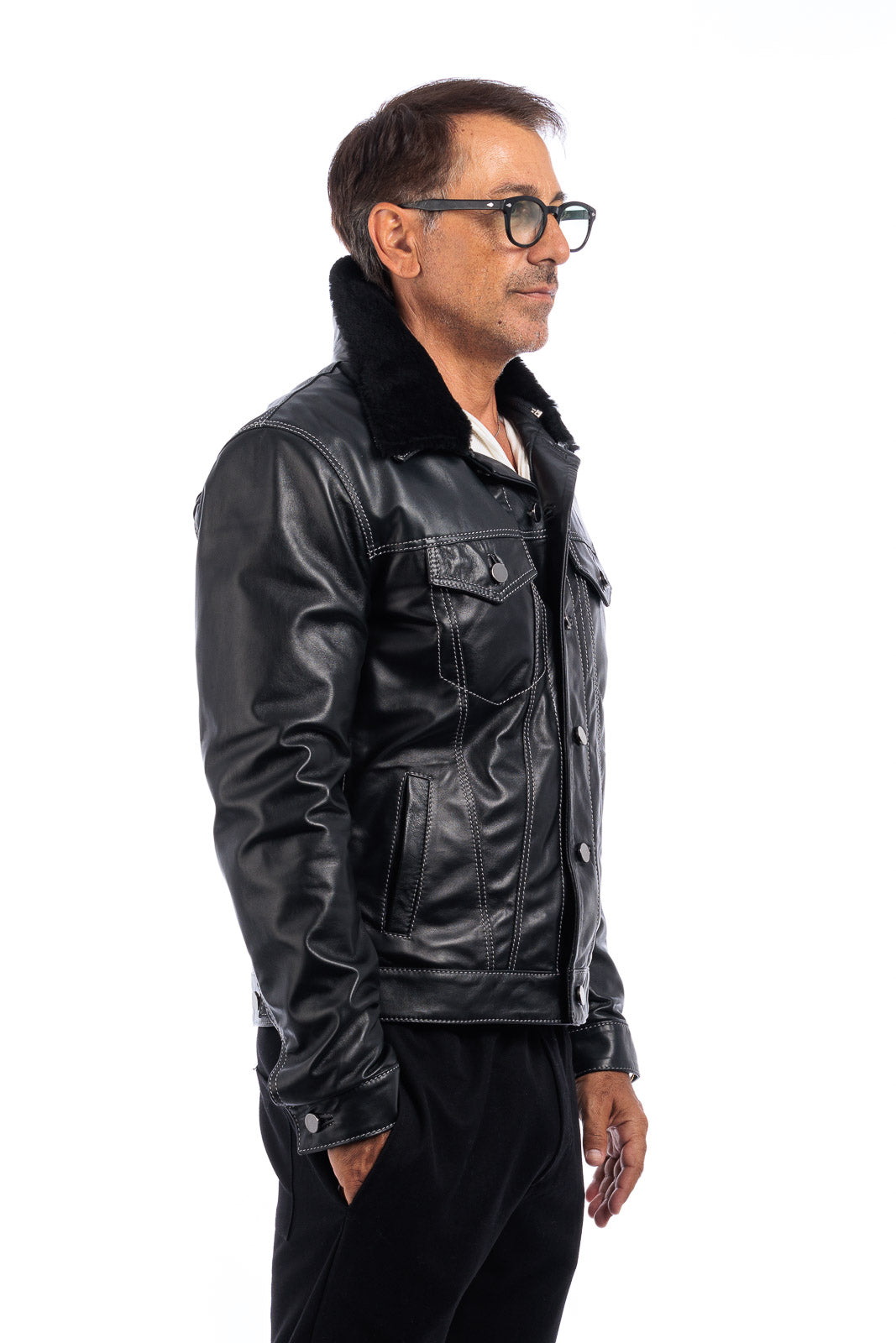 Giacca in pelle nera con collo e gilet staccabile pelo nero JEANS