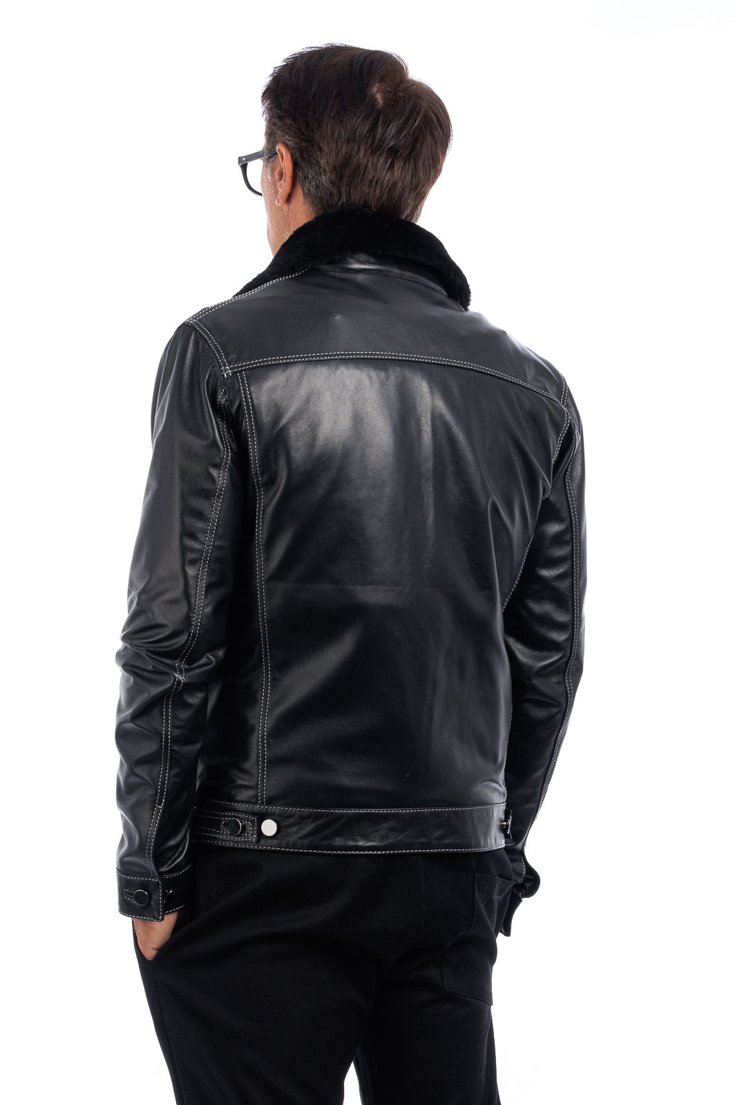 Giacca in pelle nera con collo e gilet staccabile pelo nero JEANS