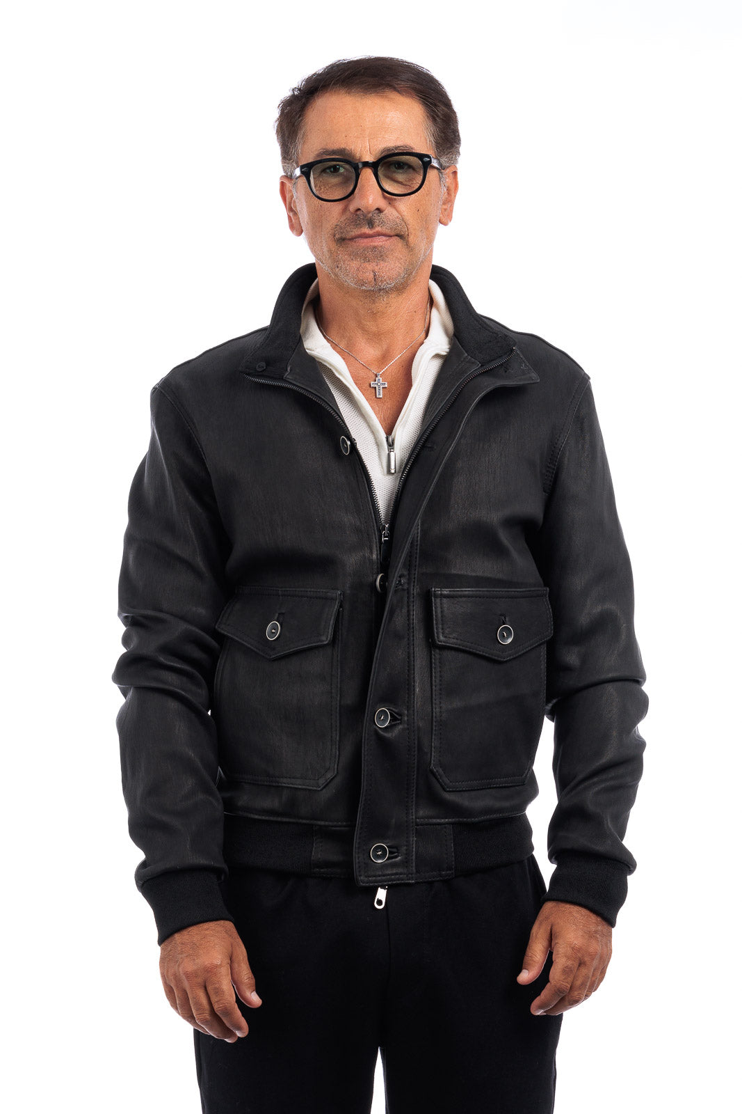 Bomber in pelle uomo con bottoni e zip VAST elasticizzato nero