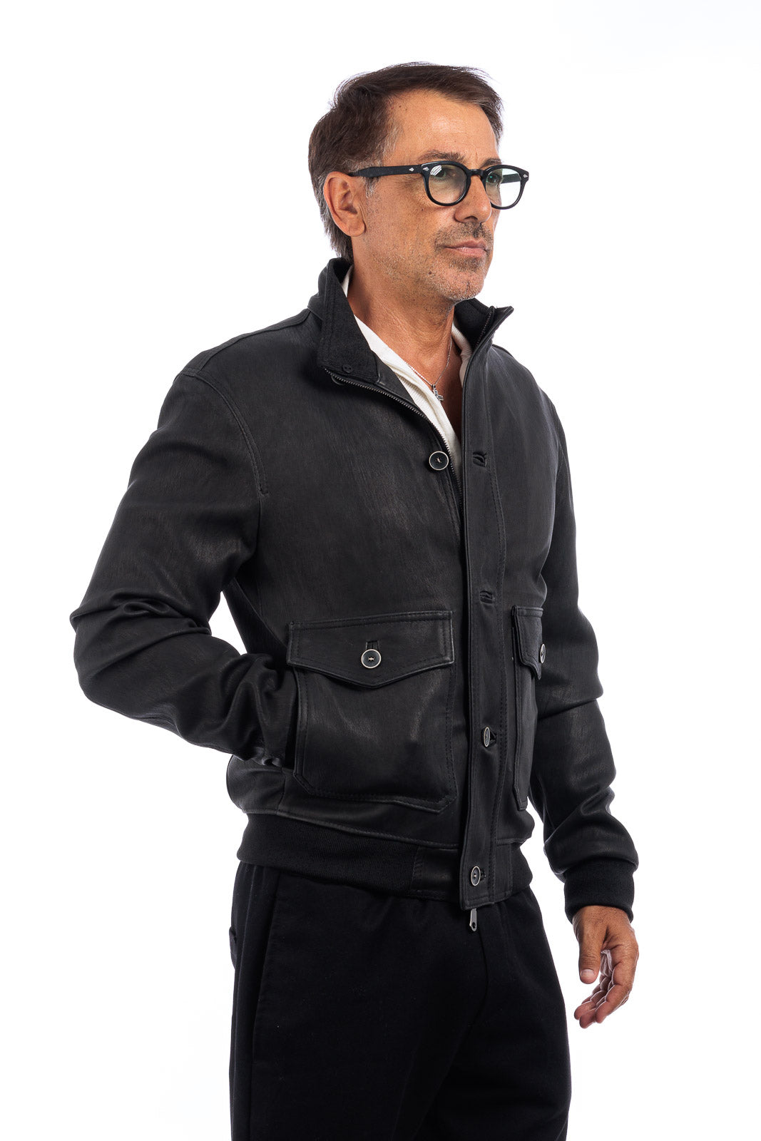 Bomber in pelle uomo con bottoni e zip VAST elasticizzato nero
