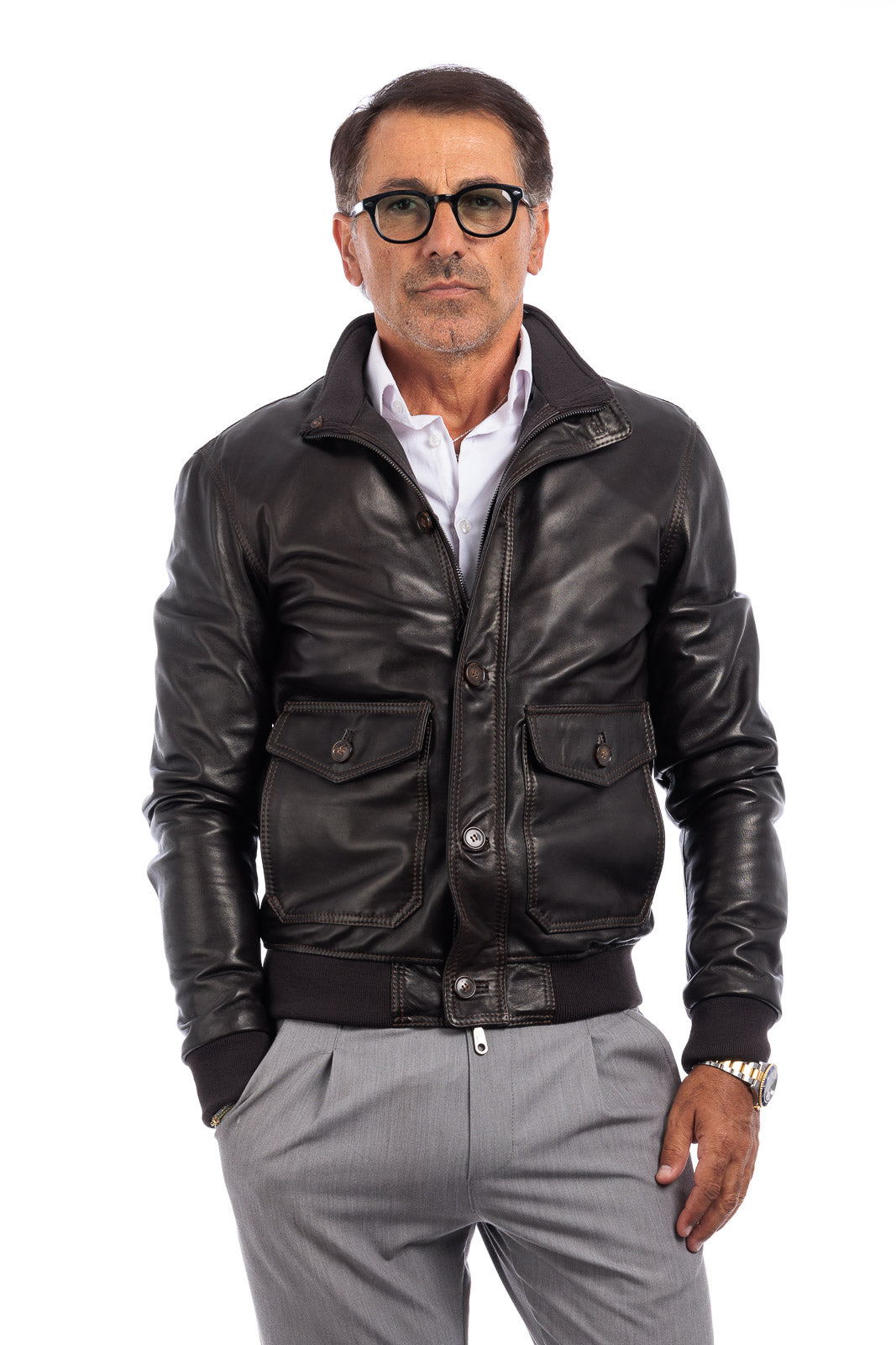 Bomber in pelle uomo con bottoni e zip VAST elasticizzato testa di moro