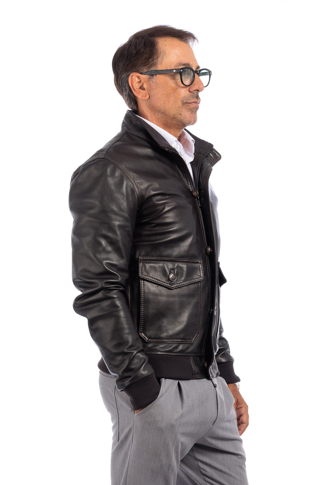 Bomber in pelle uomo con bottoni e zip VAST elasticizzato testa di moro