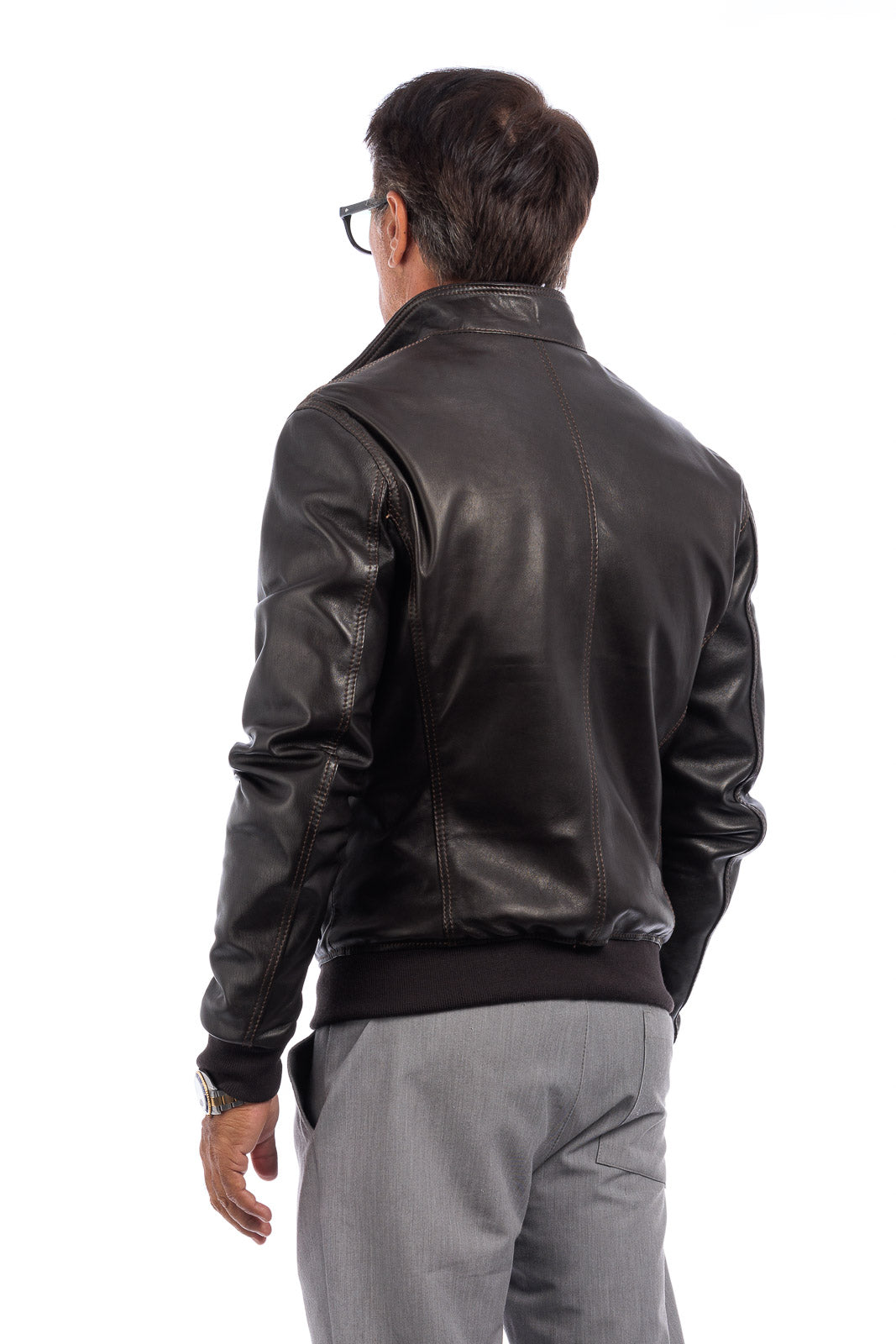 Bomber in pelle uomo con bottoni e zip VAST elasticizzato testa di moro