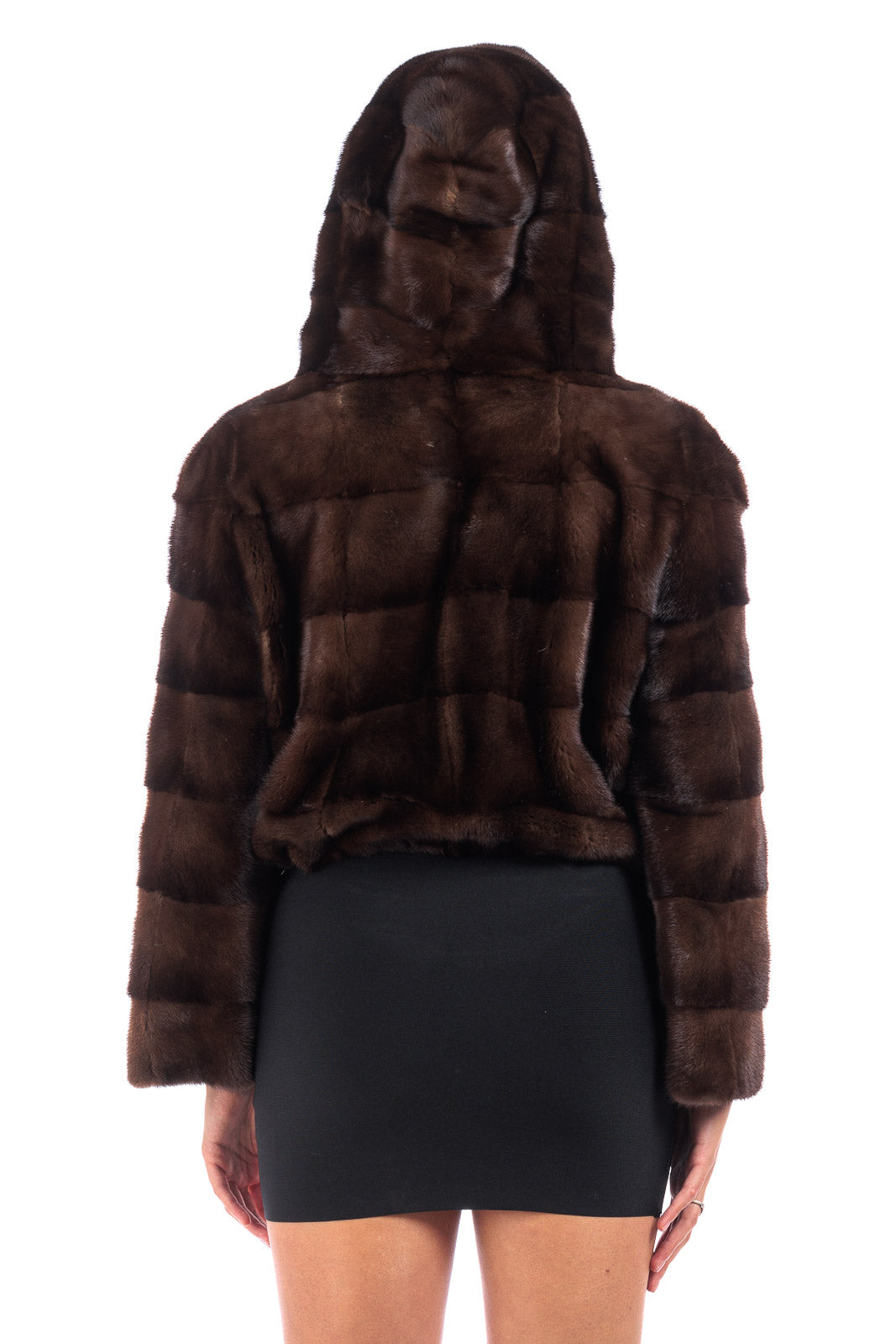 Giacca in pelliccia di Visone demy buff corta con zip e cappuccio