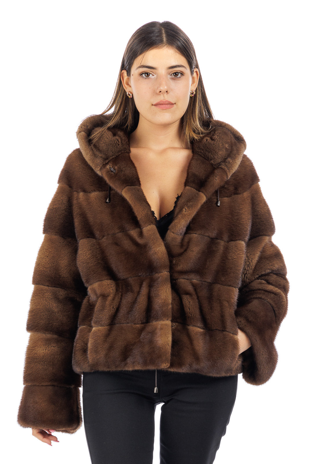 Giacca in pelliccia donna Visone demy buff con Cappuccio
