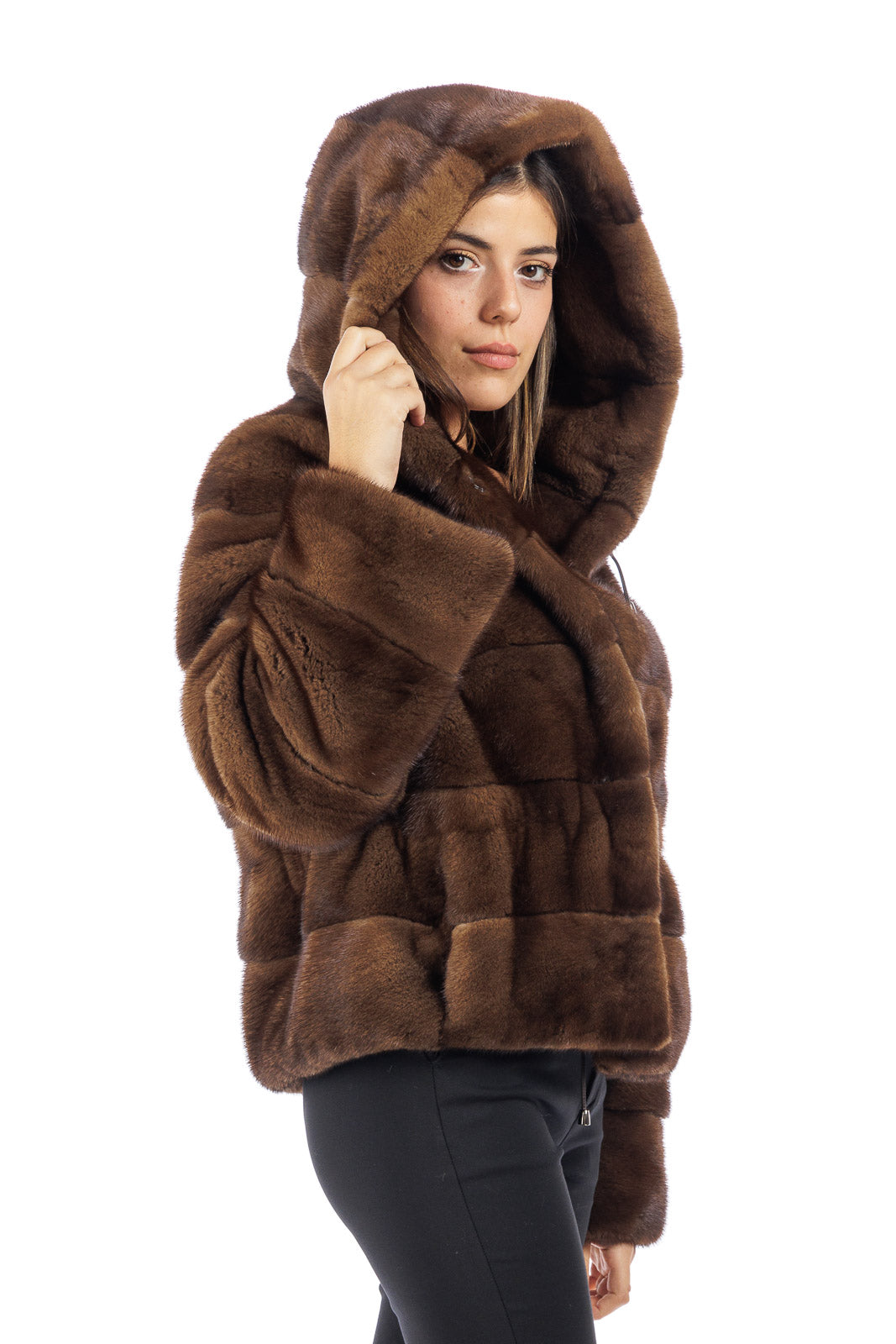 Giacca in pelliccia donna Visone demy buff con Cappuccio