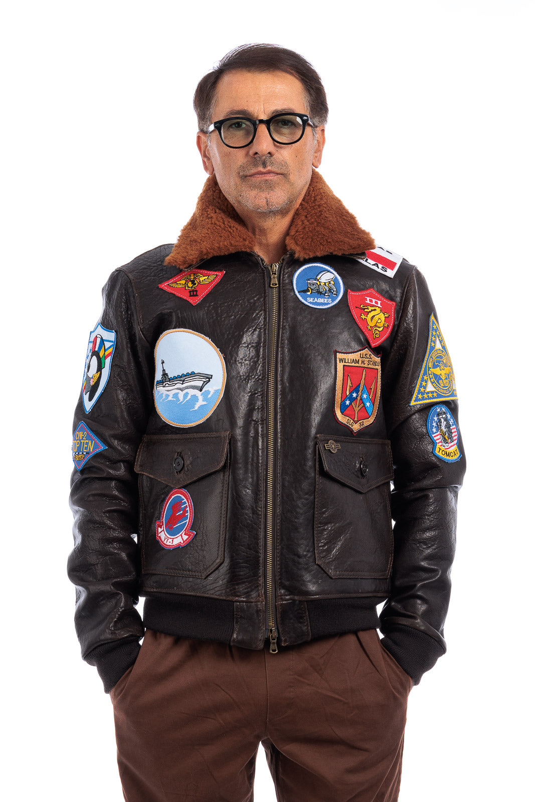 Giacca in vera pelle con zip uomo con toppe e collo in montone TOP GUN