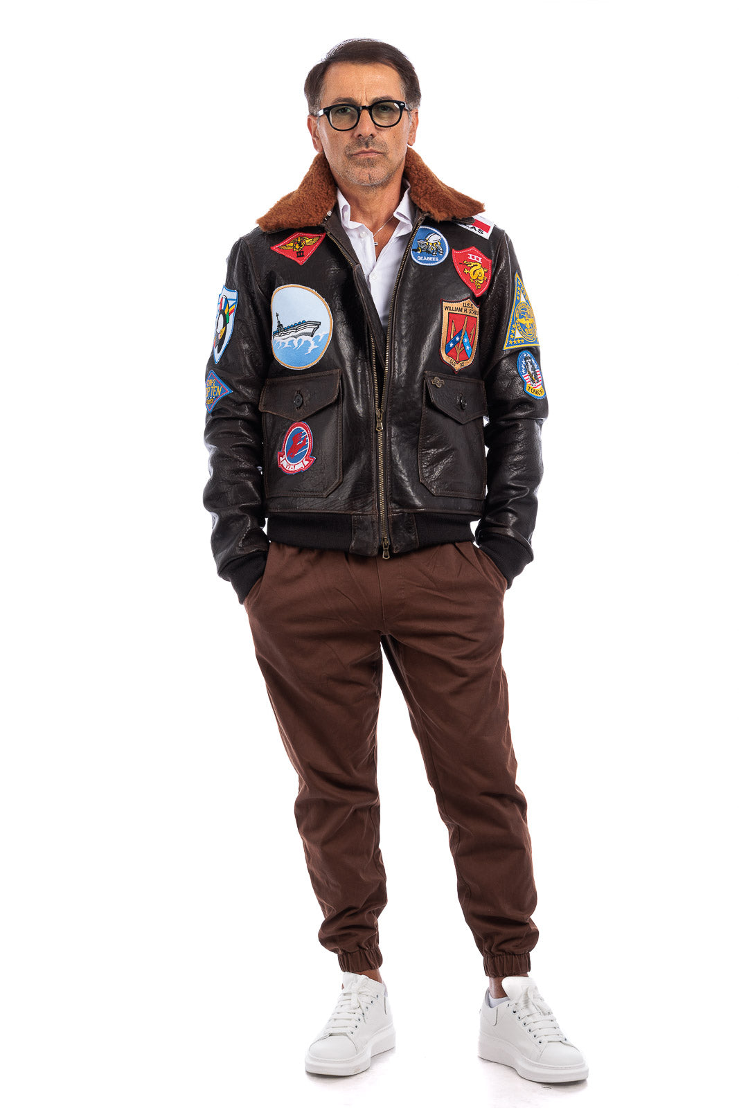 Giacca in vera pelle con zip uomo con toppe e collo in montone TOP GUN
