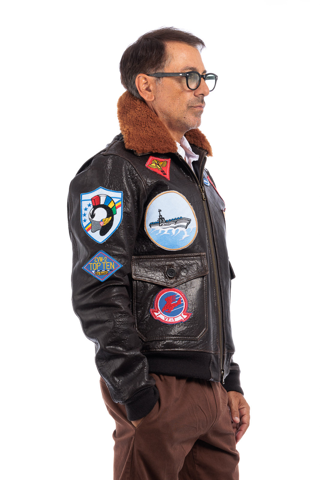 Giacca in vera pelle con zip uomo con toppe e collo in montone TOP GUN