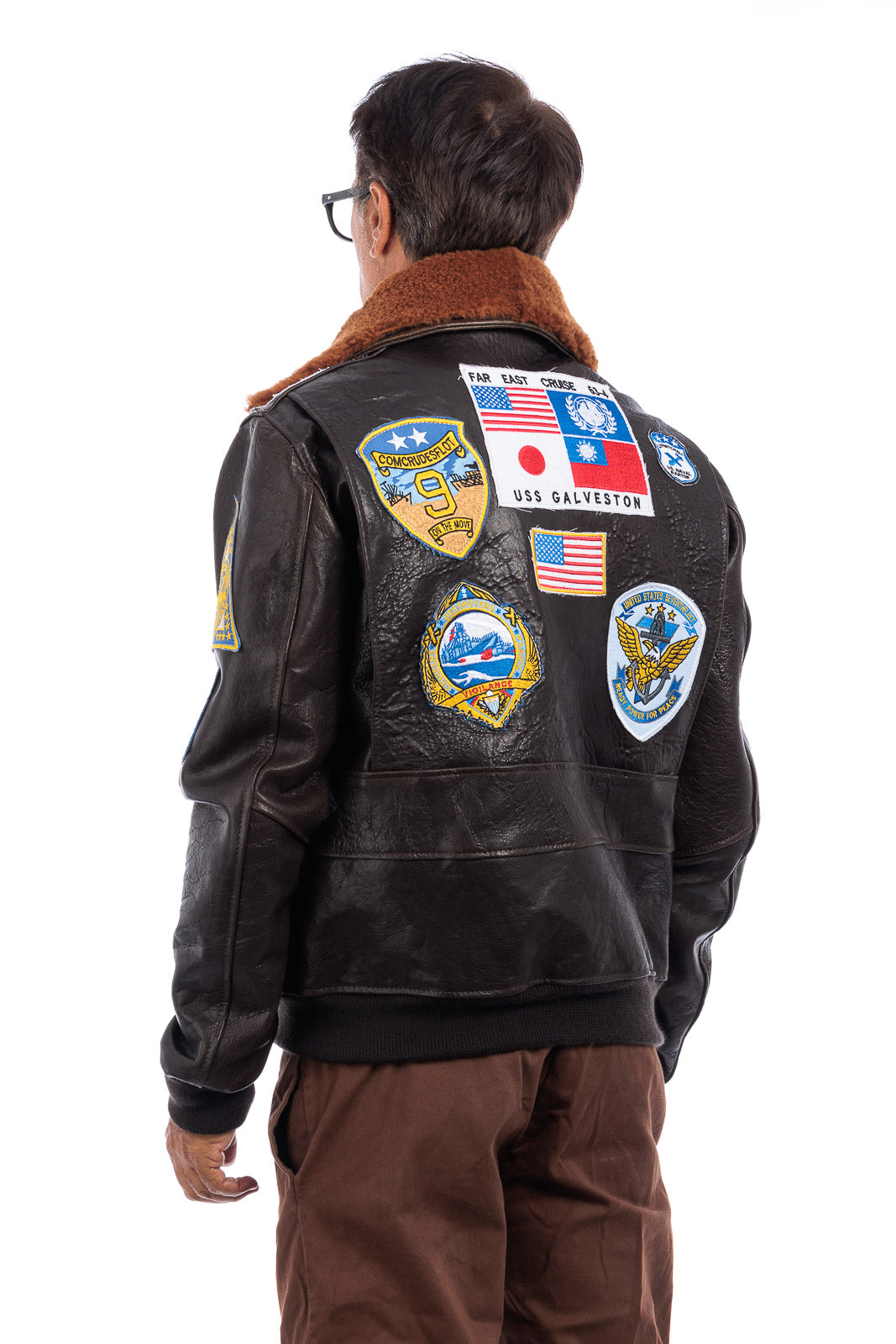 Giacca in vera pelle con zip uomo con toppe e collo in montone TOP GUN