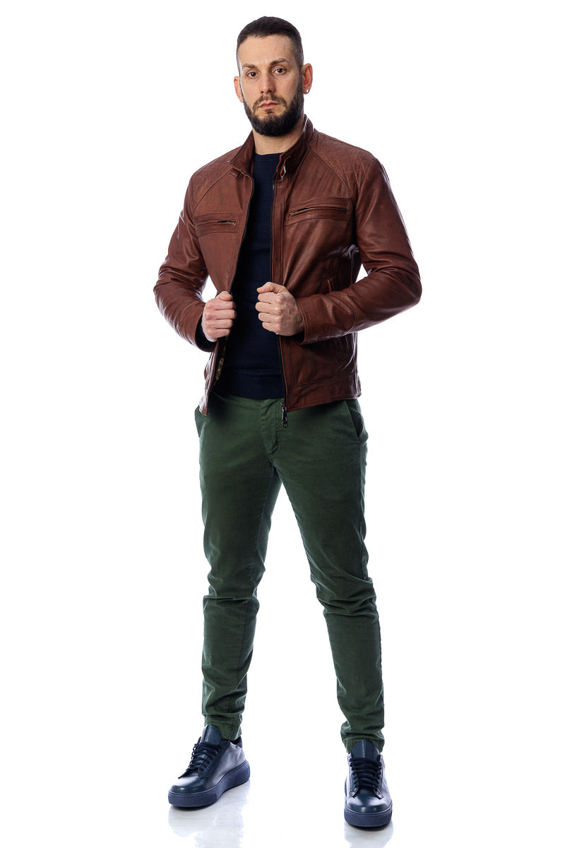 Giacca in vera pelle con zip uomo Scab marrone