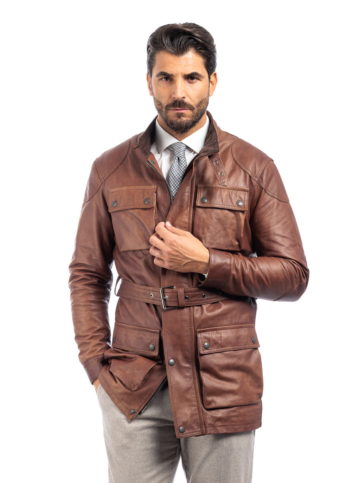 Giacca in vera pelle uomo BELL + con zip marrone