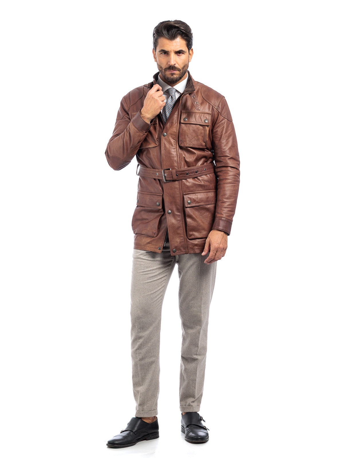 Giacca in vera pelle uomo BELL + con zip marrone