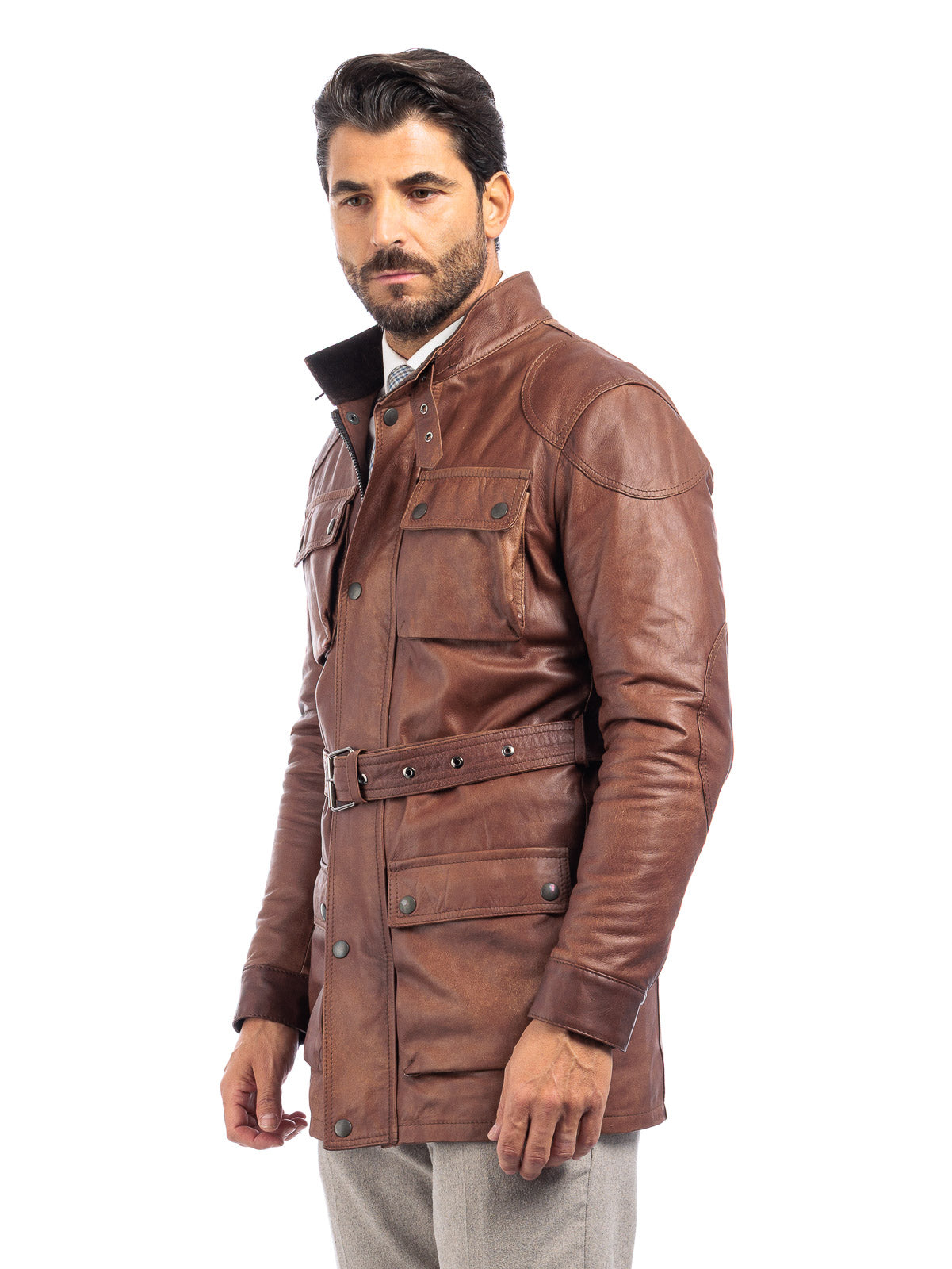 Giacca in vera pelle uomo BELL + con zip marrone