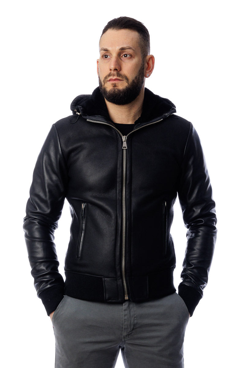 Bomber in vera pelle uomo con zip Polo Shearling nero