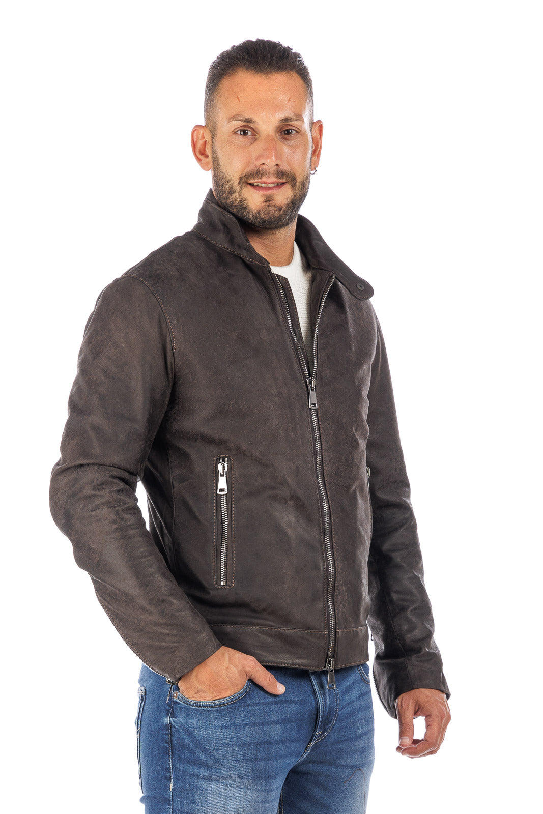 Giacca in vera pelle naturale uomo con zip Reese