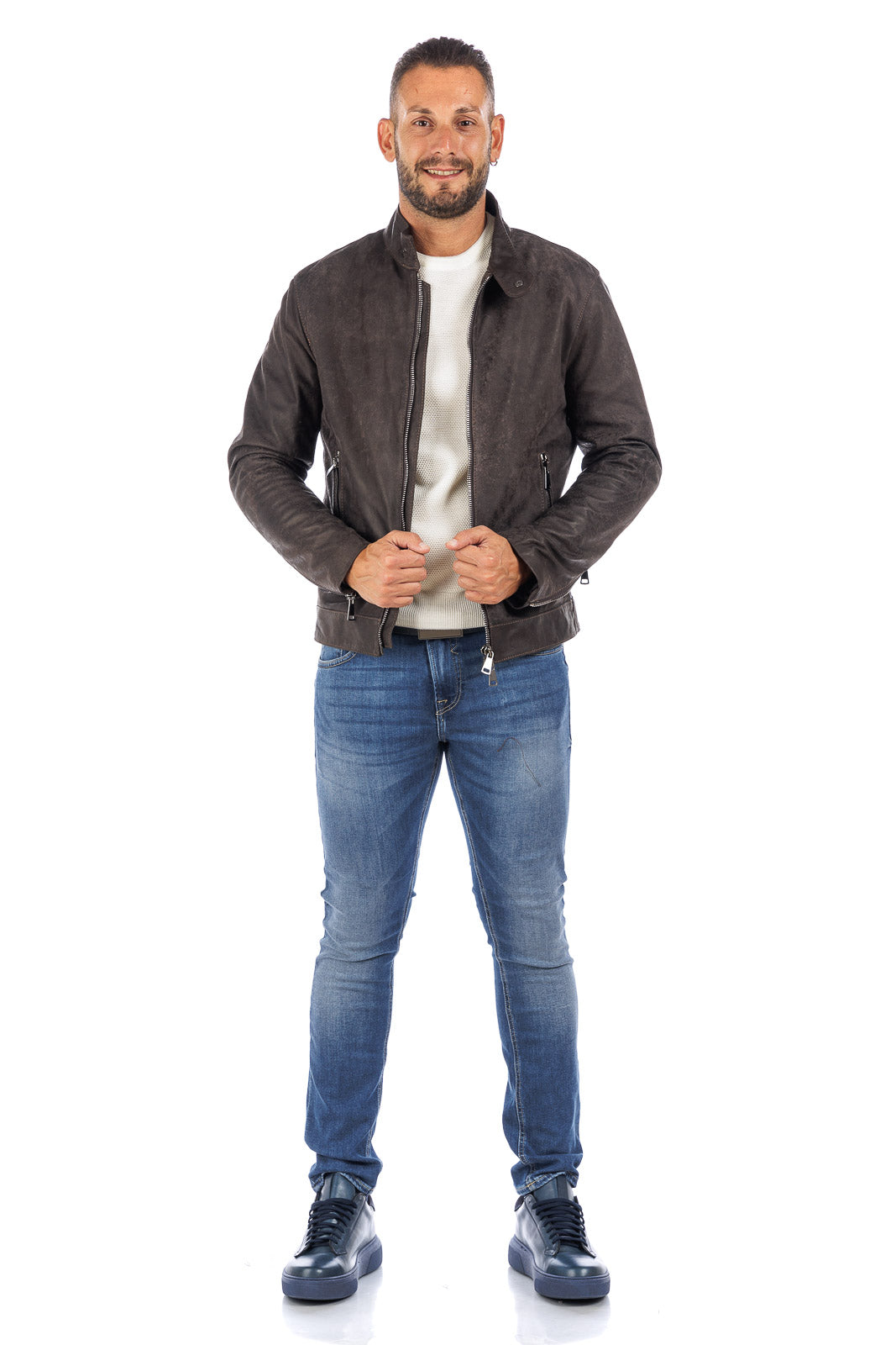 Giacca in vera pelle naturale uomo con zip Reese