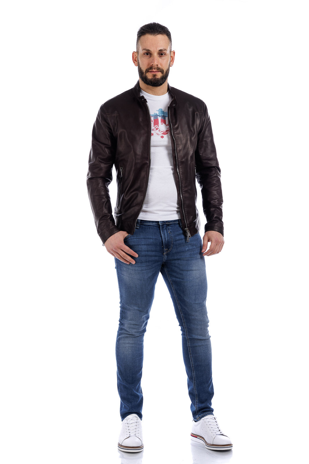 Giacca in vera pelle uomo con zip Reese testa di moro