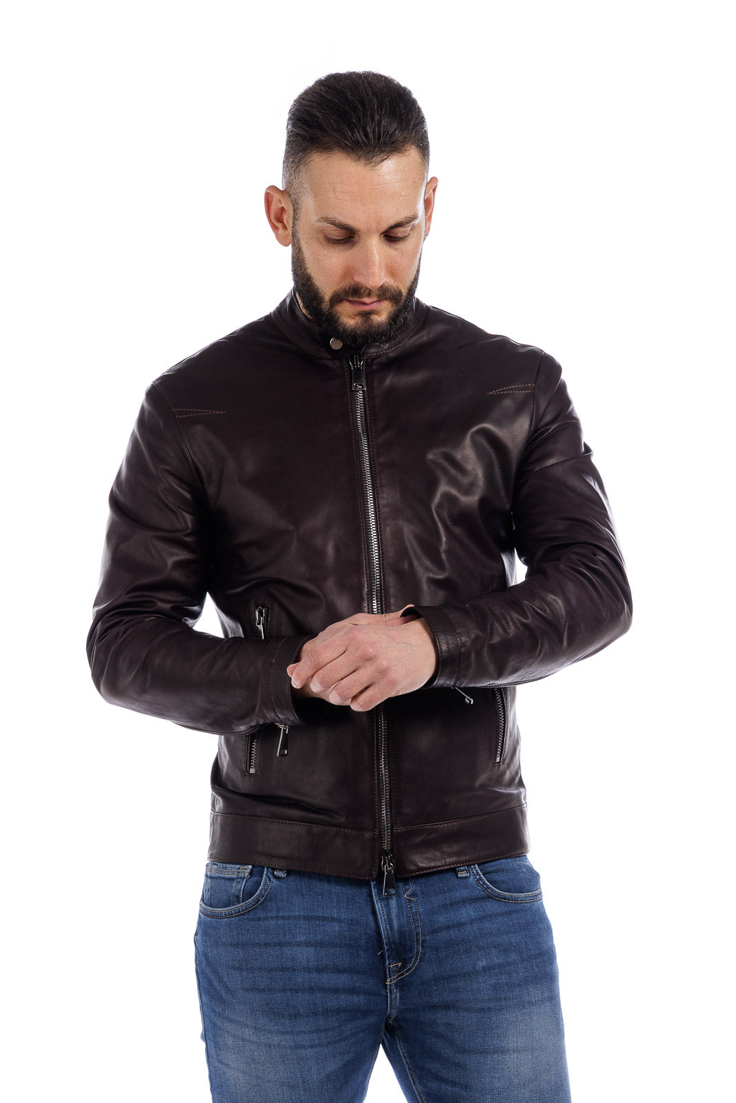 Giacca in vera pelle uomo con zip Reese testa di moro