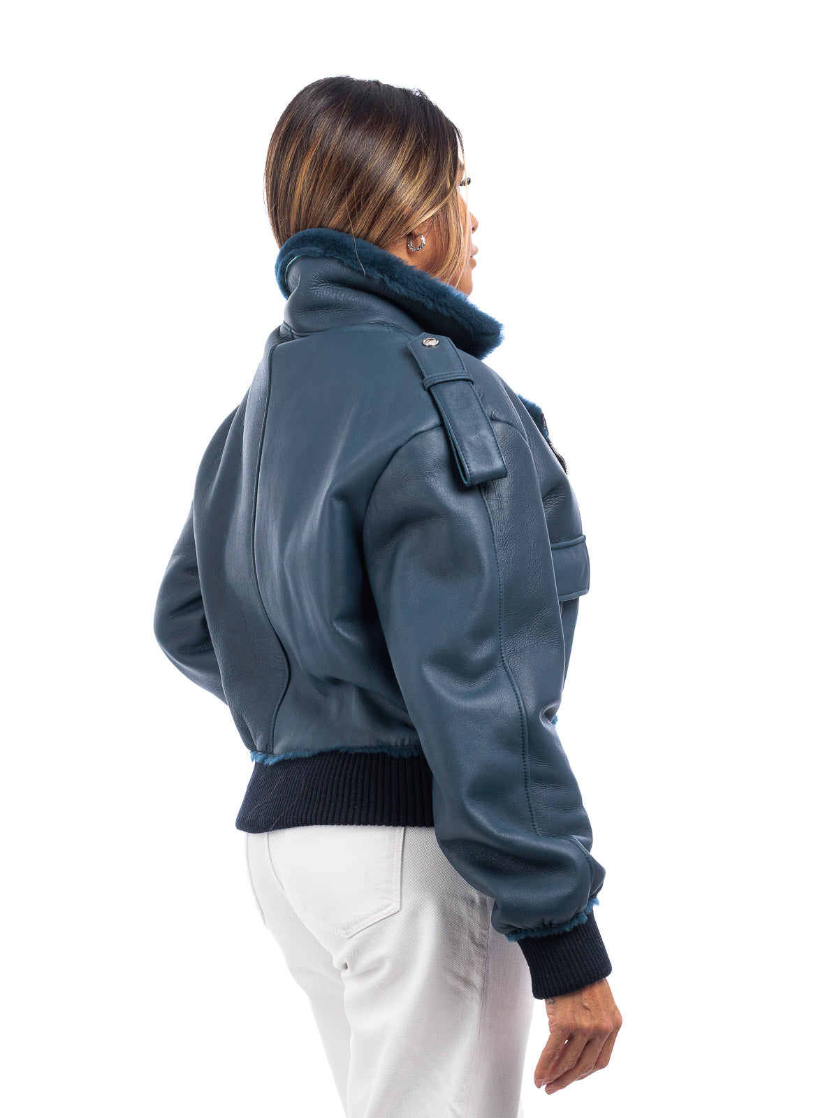 Giacca interamente in montone blu ocean da donna con zip - linea OVER
