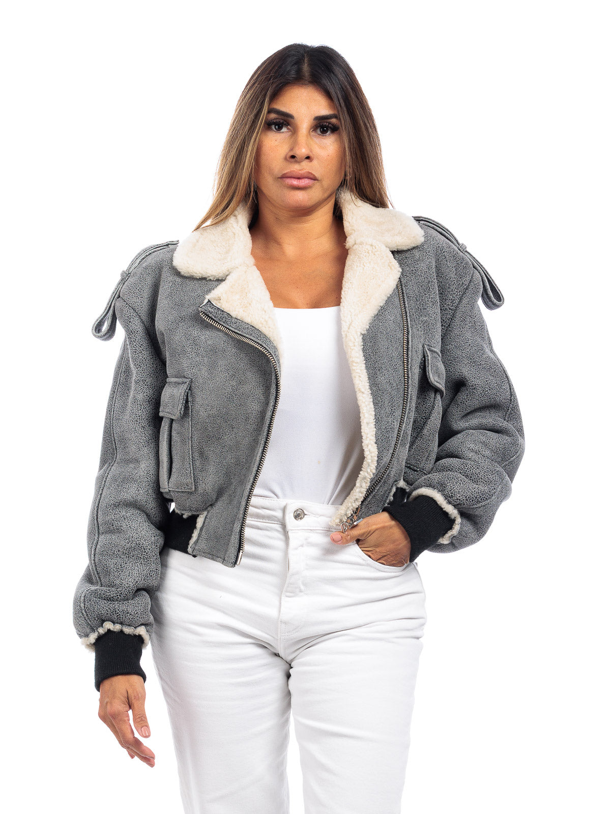 Giacca interamente in montone nero/bianco scratch da donna con zip - linea OVER