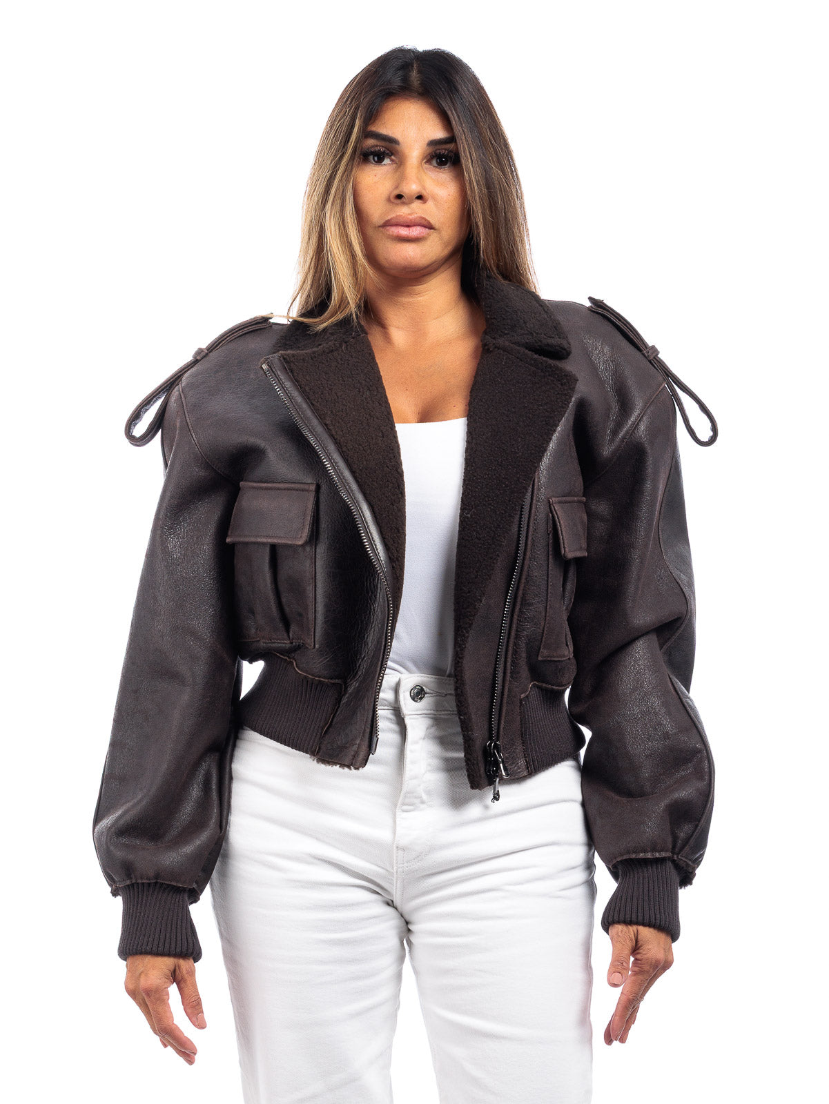 Giacca interamente in montone testa di moro da donna con zip - linea OVER