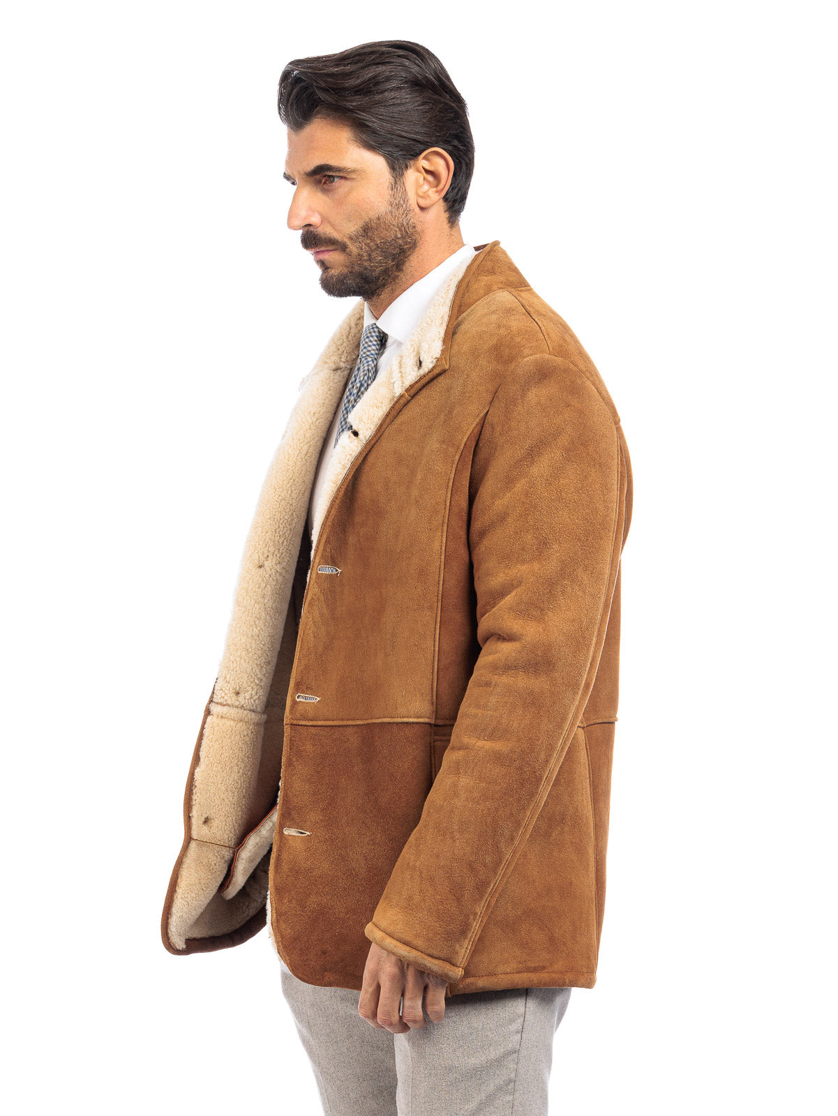 Giacca interamente in montone whisky con bottoni - linea OVER