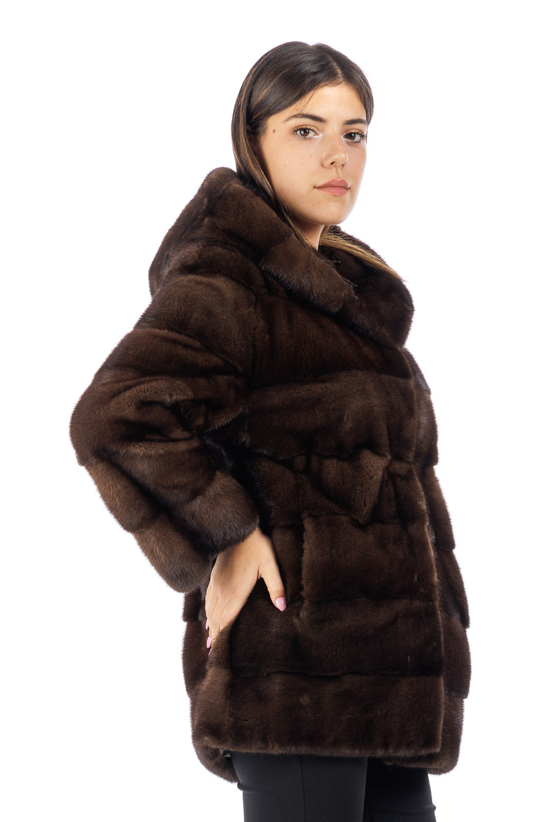 Giacca lunga in pelliccia donna Visone demy buff con Cappuccio