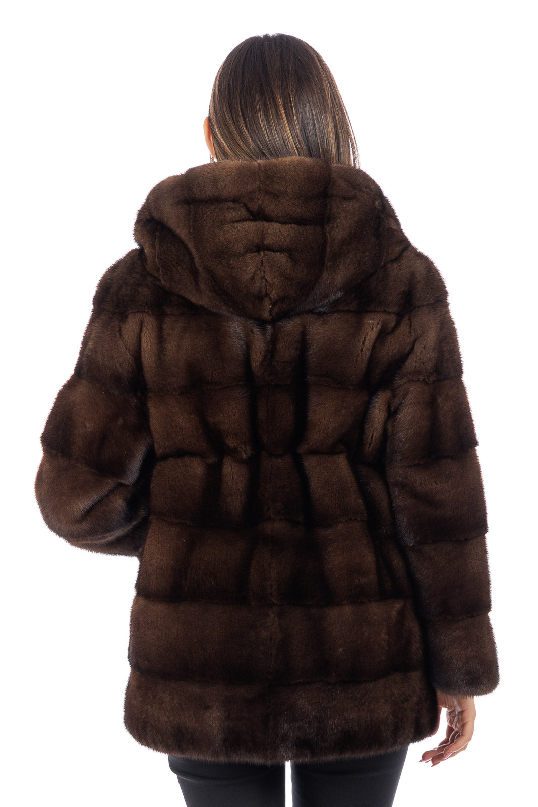 Giacca lunga in pelliccia donna Visone demy buff con Cappuccio