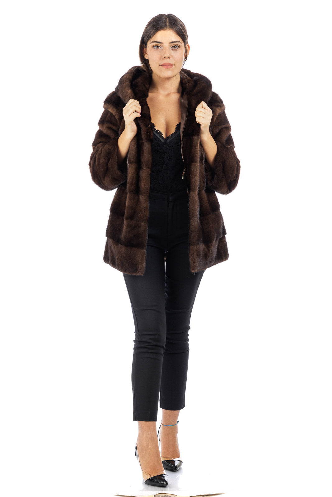 Giacca lunga in pelliccia donna Visone demy buff con Cappuccio