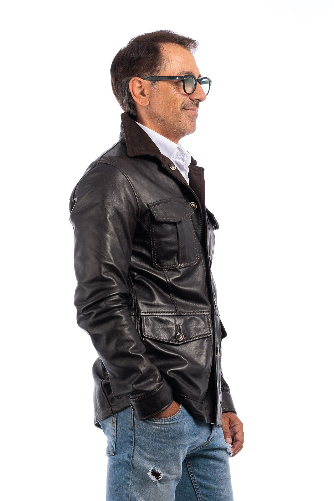 Giacca sahariana double face in pelle e camoscio idrorepellente uomo testa di moro