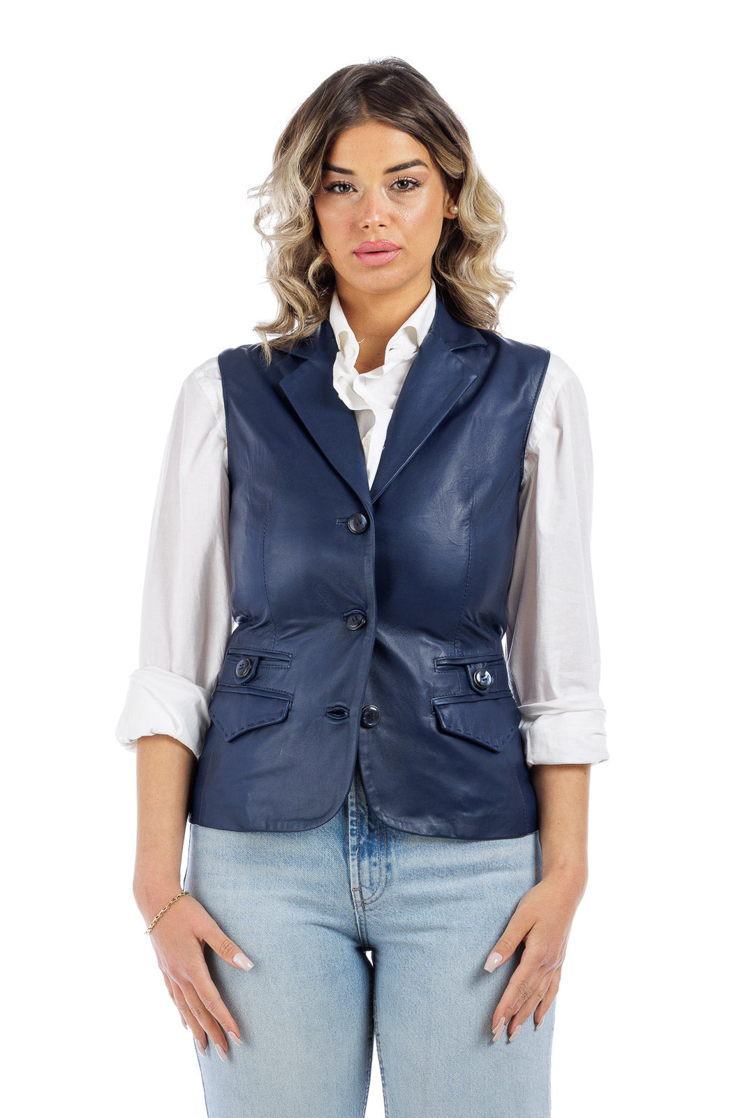 Giacca smanicato in pelle donna blu