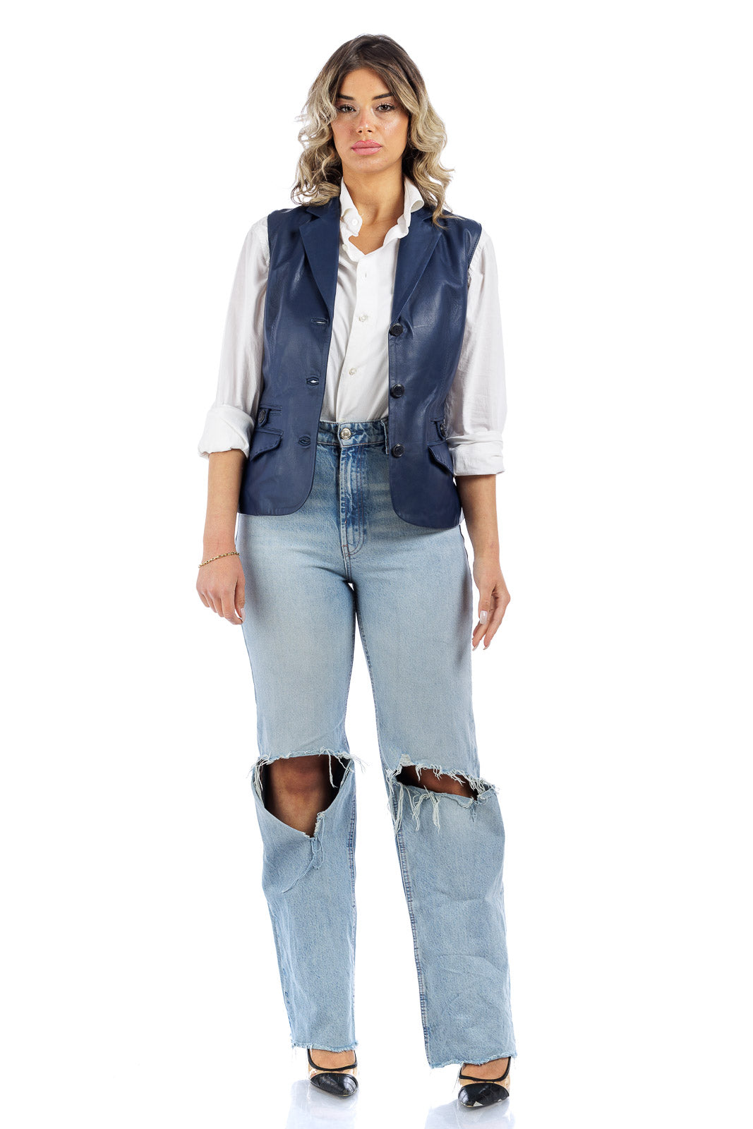 Giacca smanicato in pelle donna blu