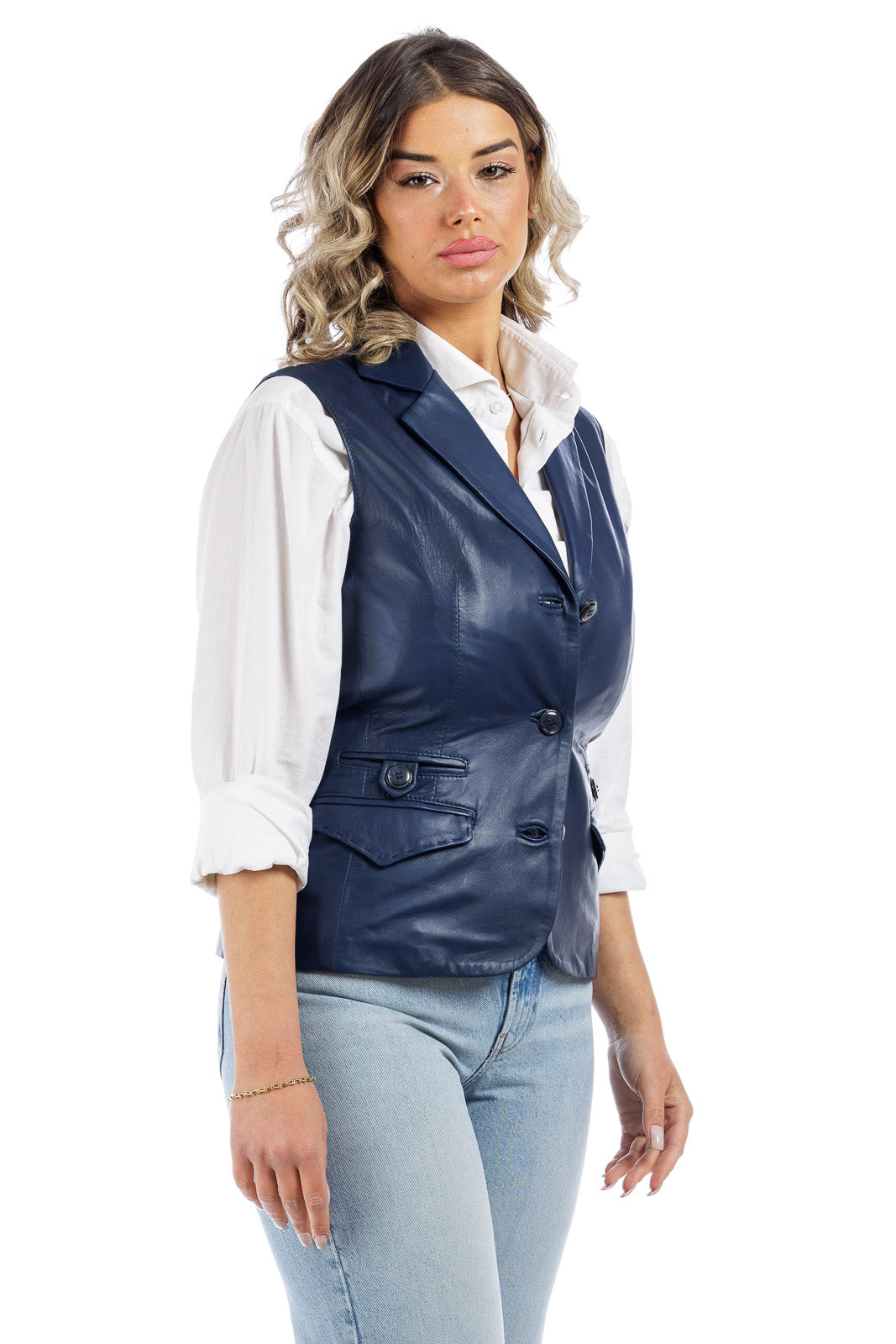 Giacca smanicato in pelle donna blu