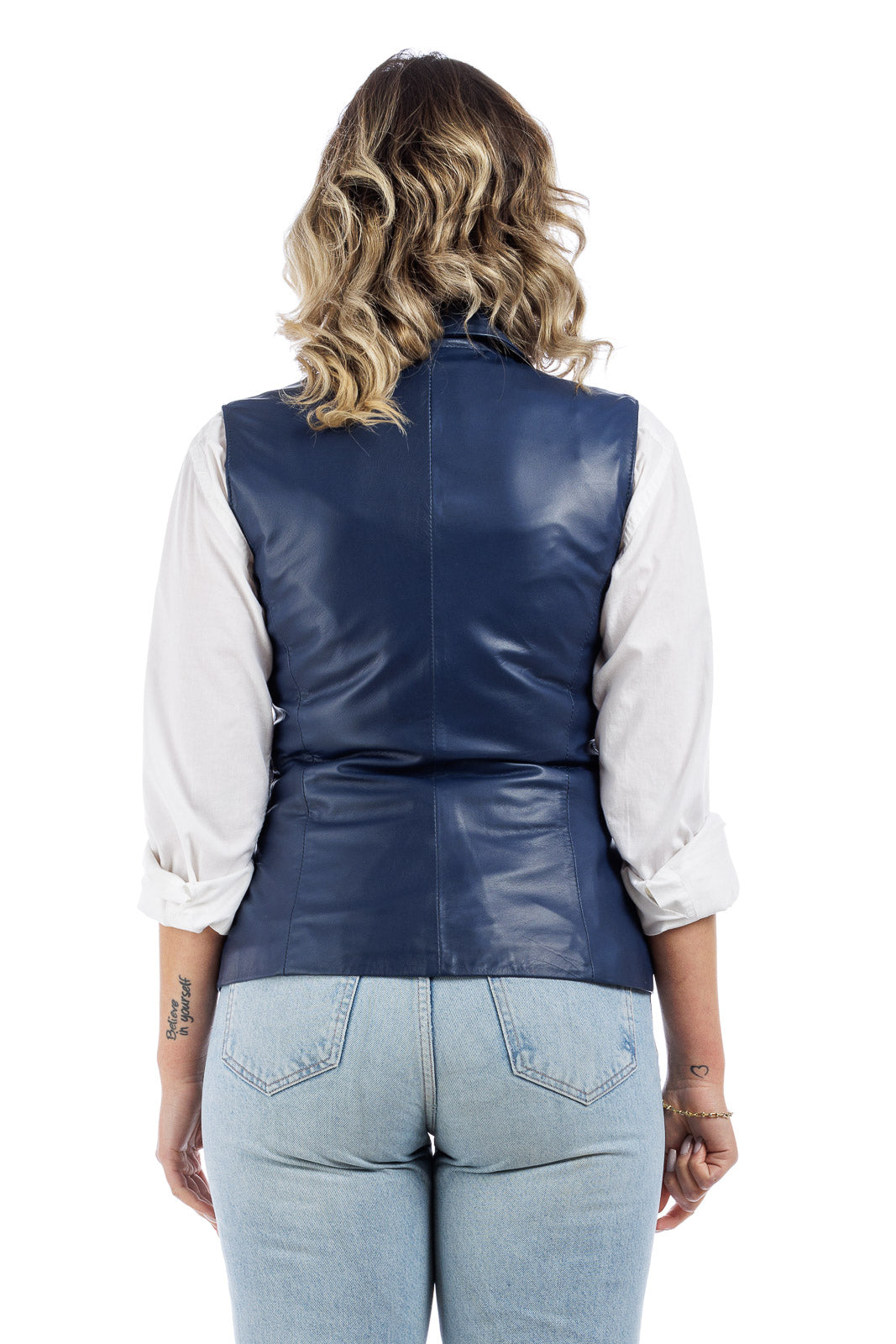 Giacca smanicato in pelle donna blu