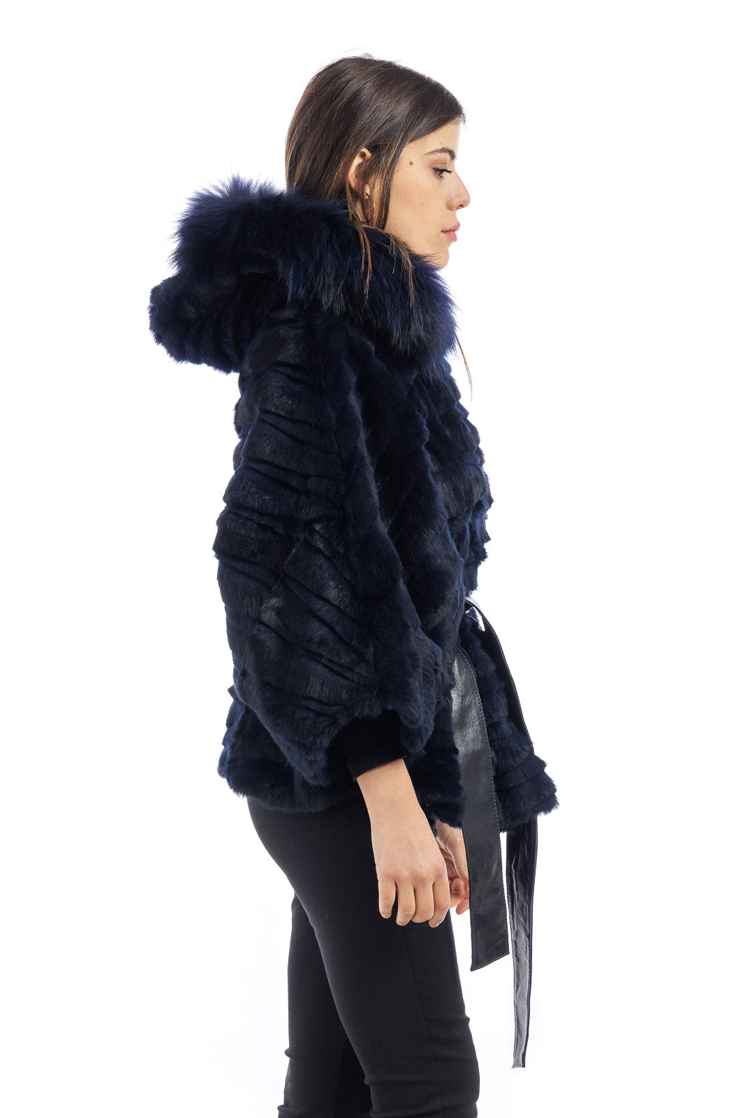 Mantella in Lapin blu con cintura annodata in pelle