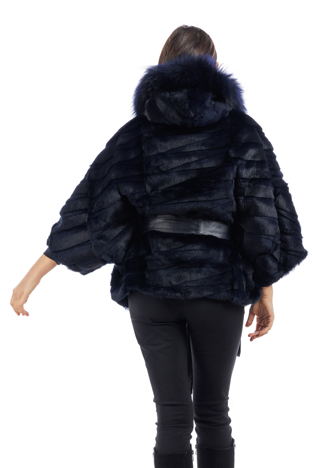 Mantella in Lapin blu con cintura annodata in pelle