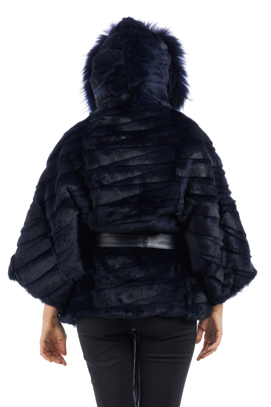 Mantella in Lapin blu con cintura annodata in pelle