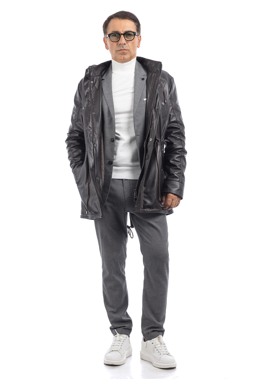 Parka uomo in vera pelle con zip testa di moro