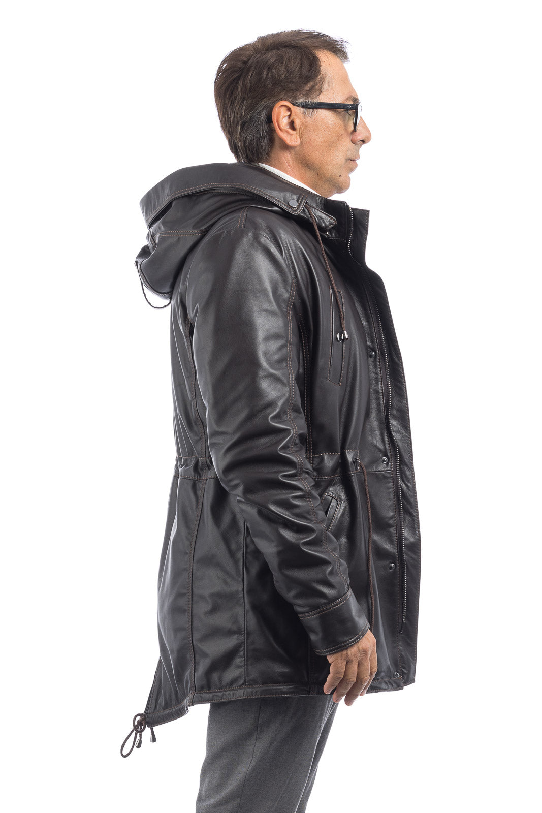 Parka uomo in vera pelle con zip testa di moro