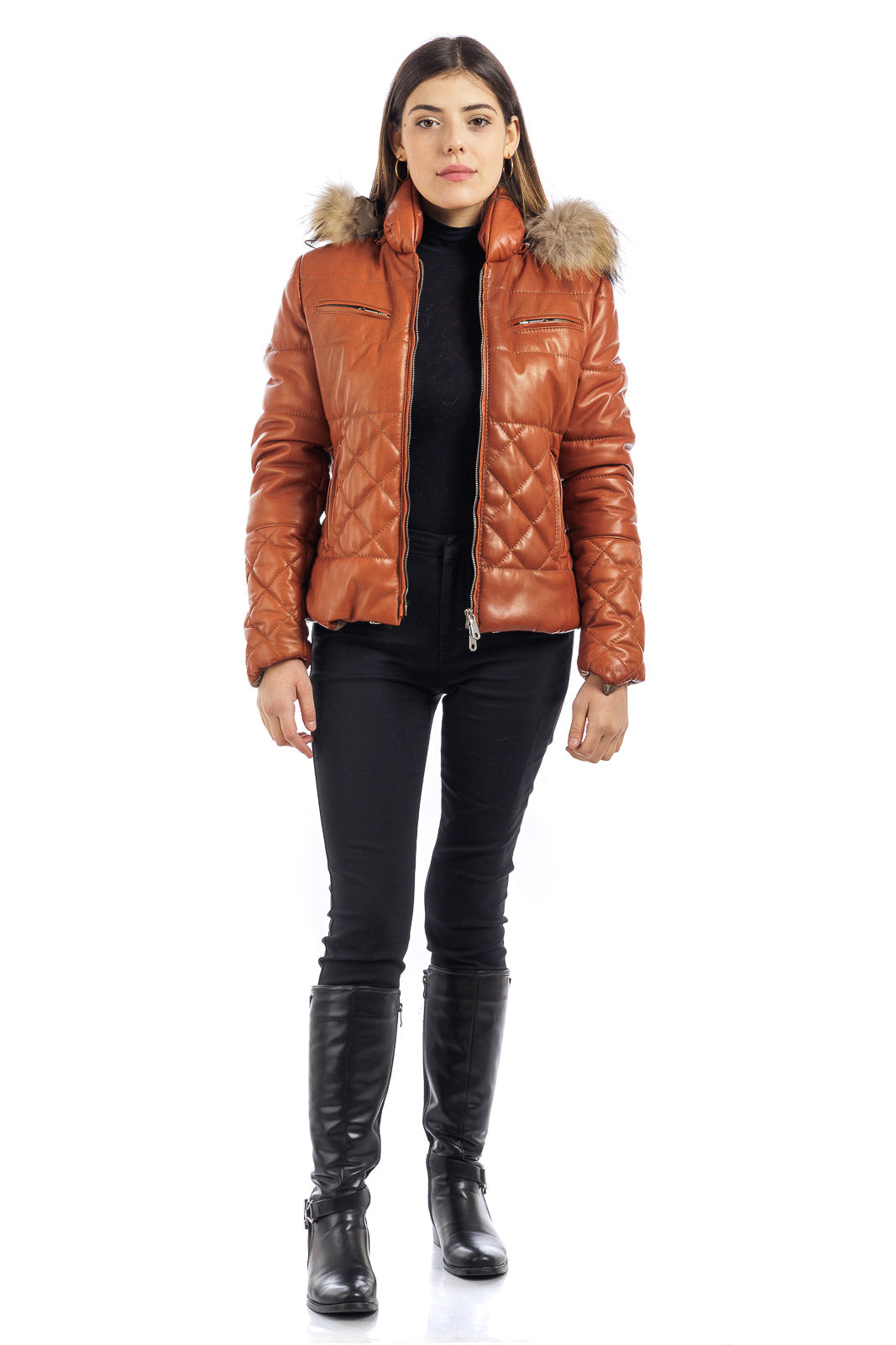 Piumino arancio in pelle con cappuccio staccabile