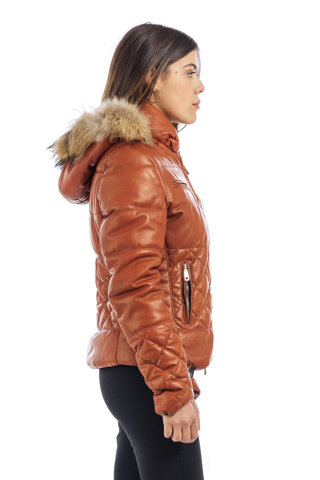 Piumino arancio in pelle con cappuccio staccabile